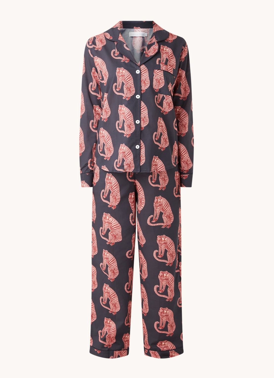 Desmond & Dempsey Tiger pyjamaset van  katoen met print - voorkant 2 donkerblauw