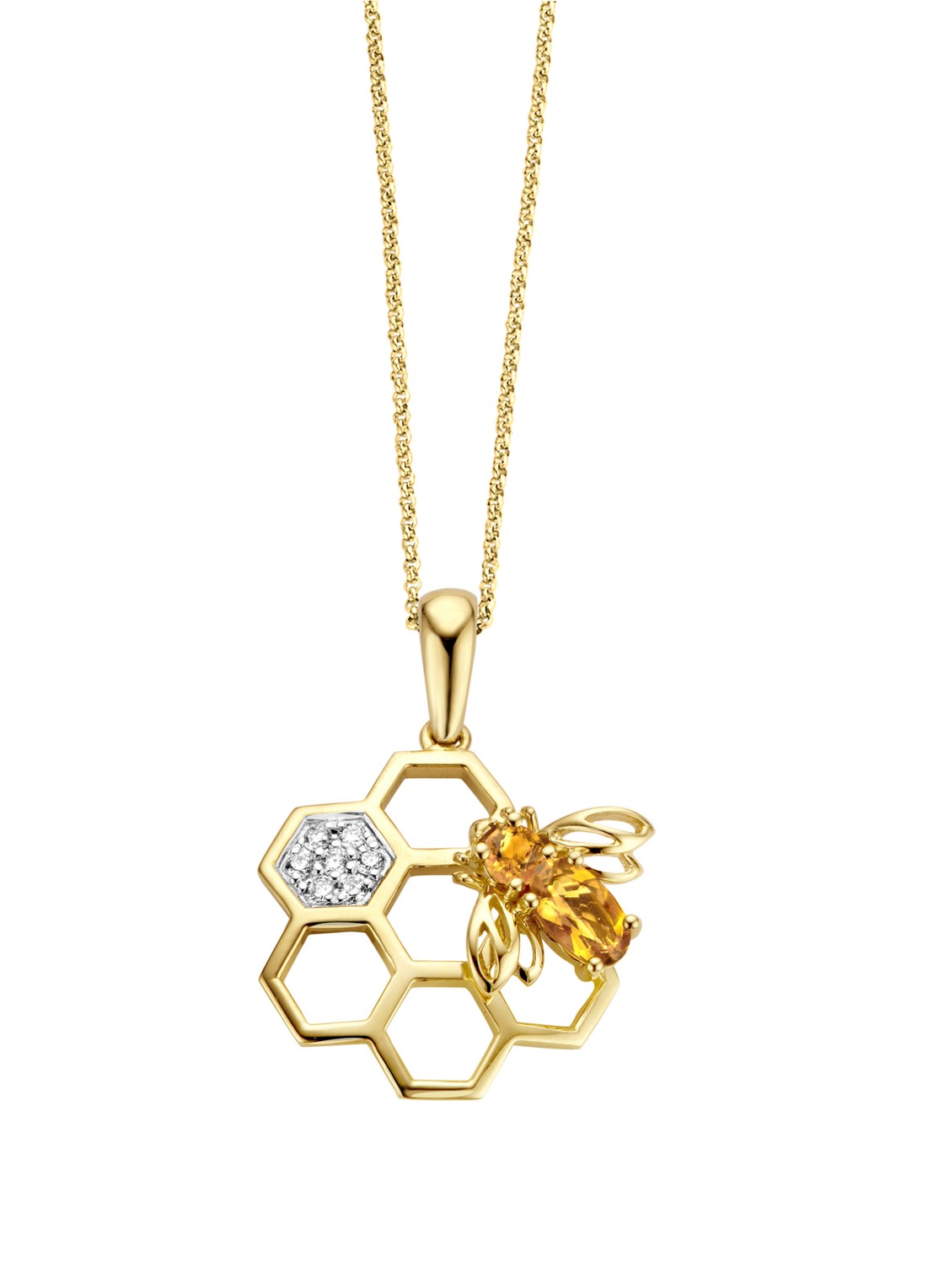 Diamond Point Geelgouden hanger 0.25 ct citrien Queen Bee - voorkant goud