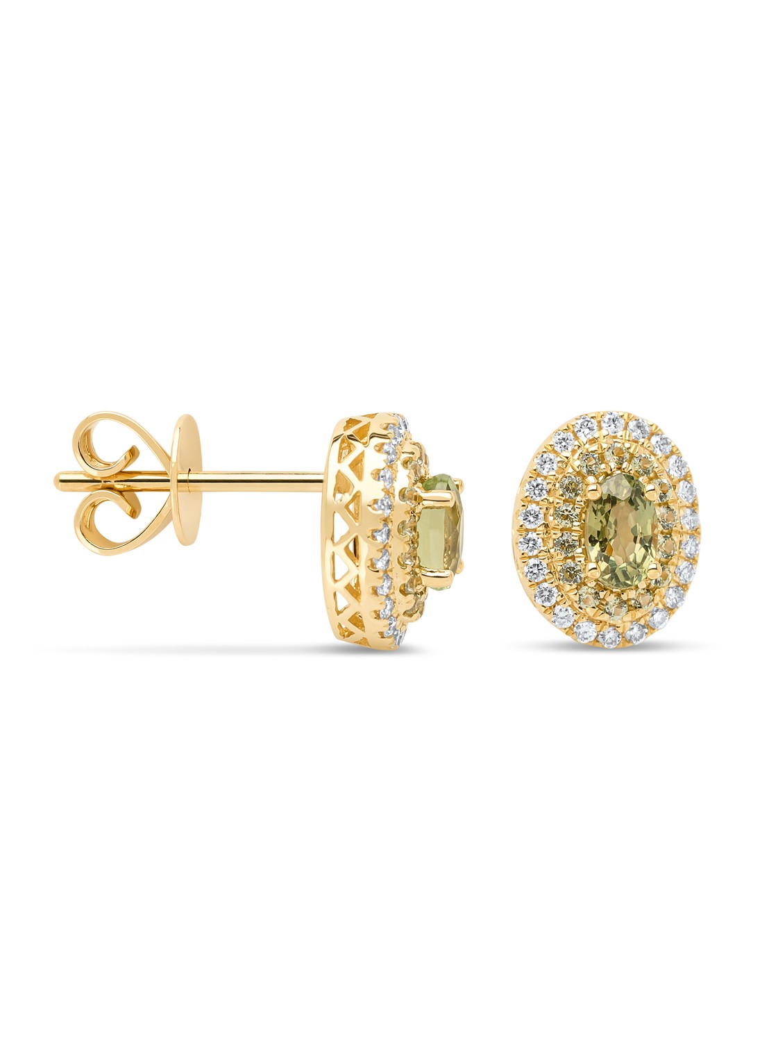 Diamond Point Geelgouden oorsieraden, 0.80 ct groene saffier, Eden - voorkant 2 geelgoud