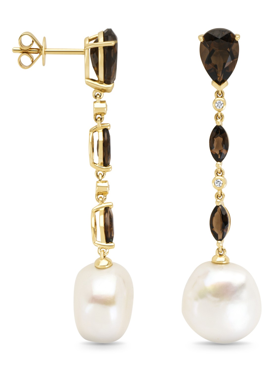 Diamond Point Geelgouden oorsieraden, 3.38 ct rookkwarts, Rivièra - voorkant geelgoud