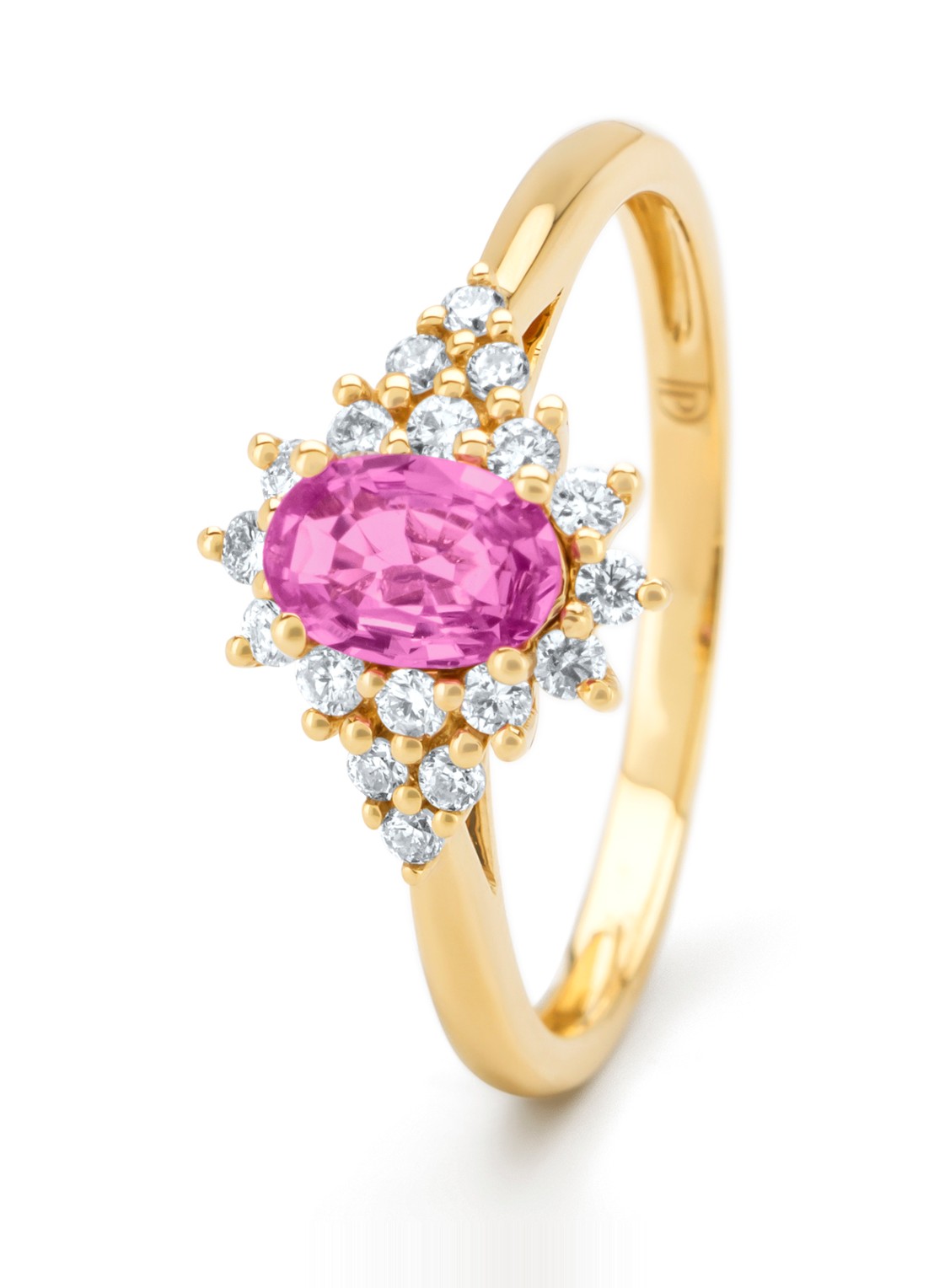 Diamond Point Geelgouden ring, 0.60 ct roze saffier, Eden - voorkant geelgoud