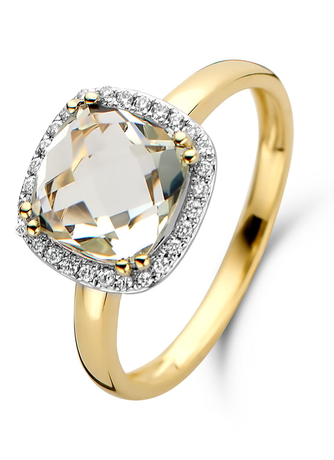 Diamond Point Geelgouden ring 2.40 ct groene amethist Fiësta - voorkant 2 geelgoud