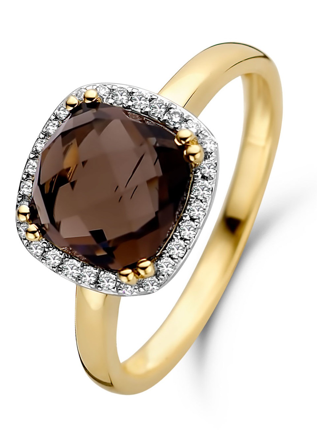 Diamond Point Geelgouden ring 2.55 ct rookkwarts Fiësta  - voorkant 2 geelgoud