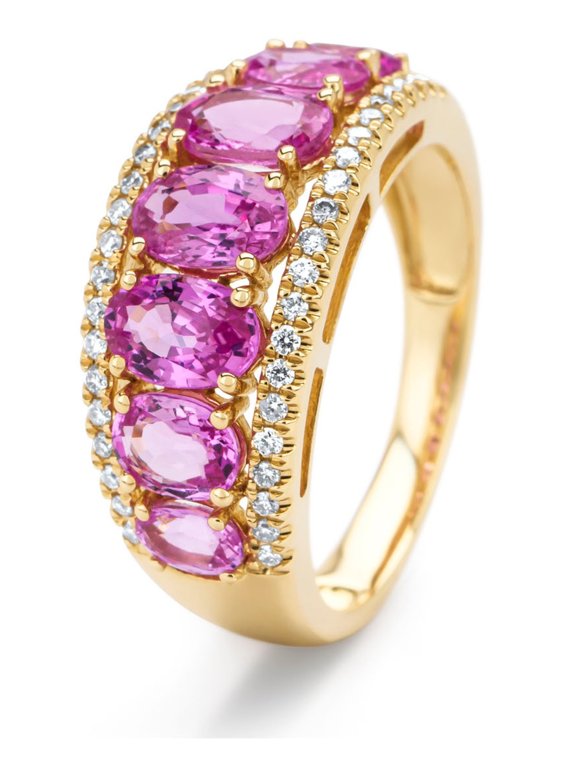 Diamond Point Geelgouden ring, 3.00 ct roze saffier, Eden - voorkant geelgoud
