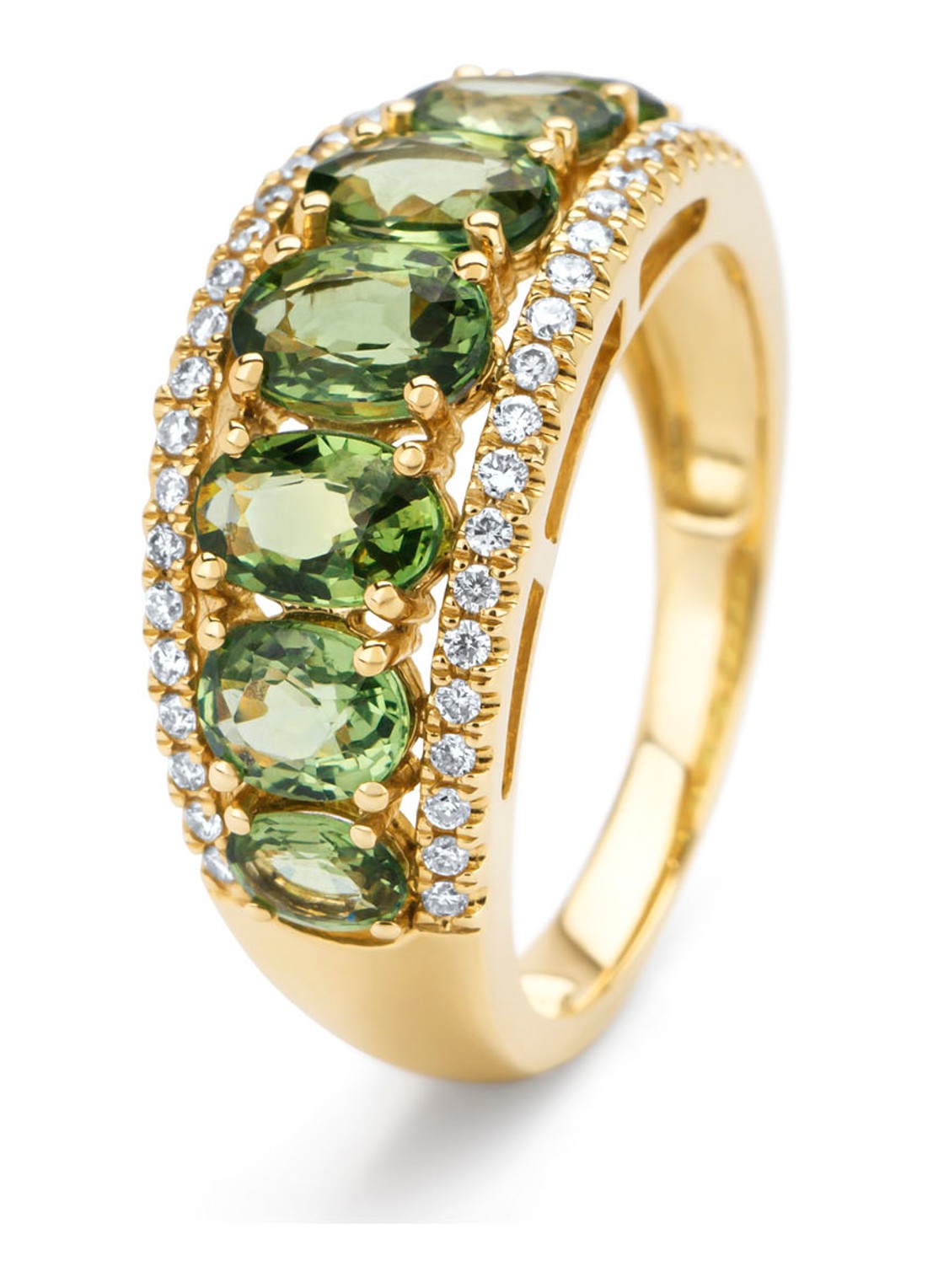 Diamond Point Geelgouden ring, 3.14 ct groene saffier, Eden - voorkant geelgoud