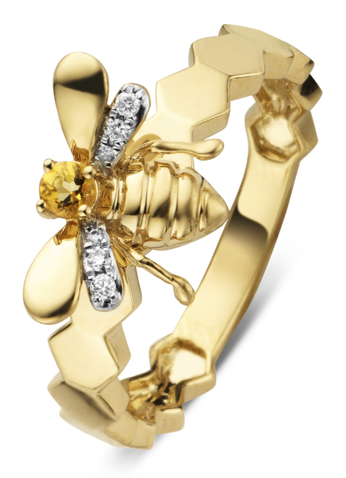 Diamond Point Gouden ring 0.06 ct citrien Queen Bee - voorkant goud