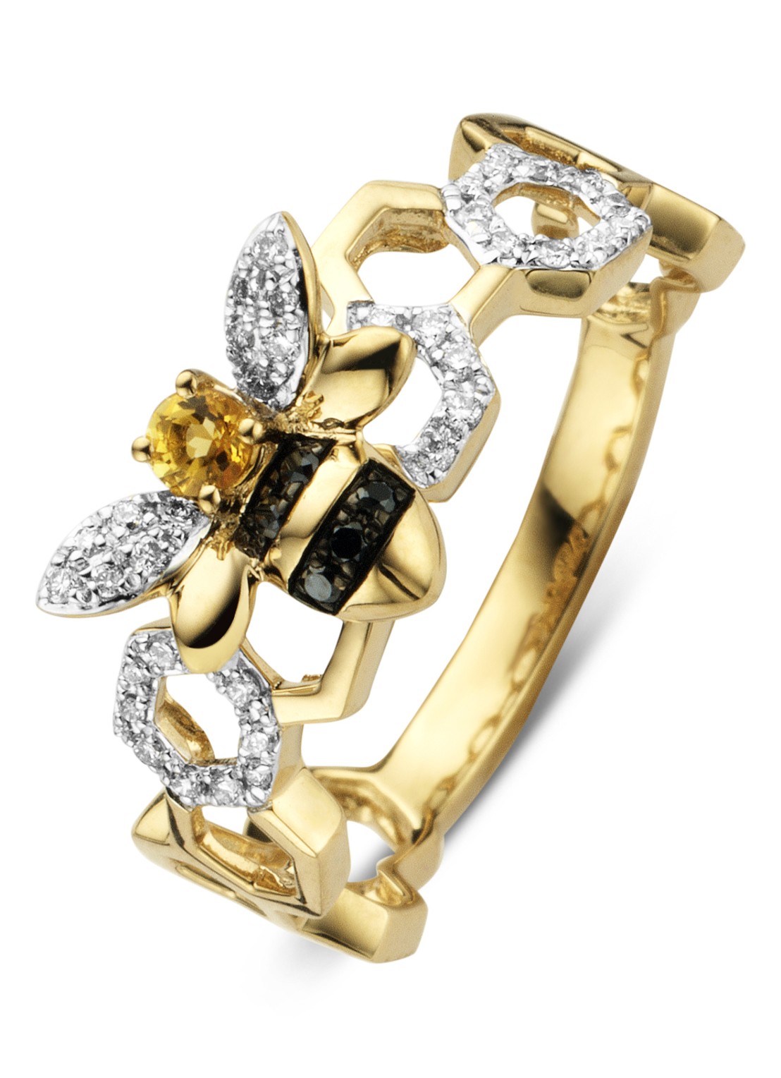 Diamond Point Gouden ring 0.07 ct citrien Queen Bee - voorkant goud