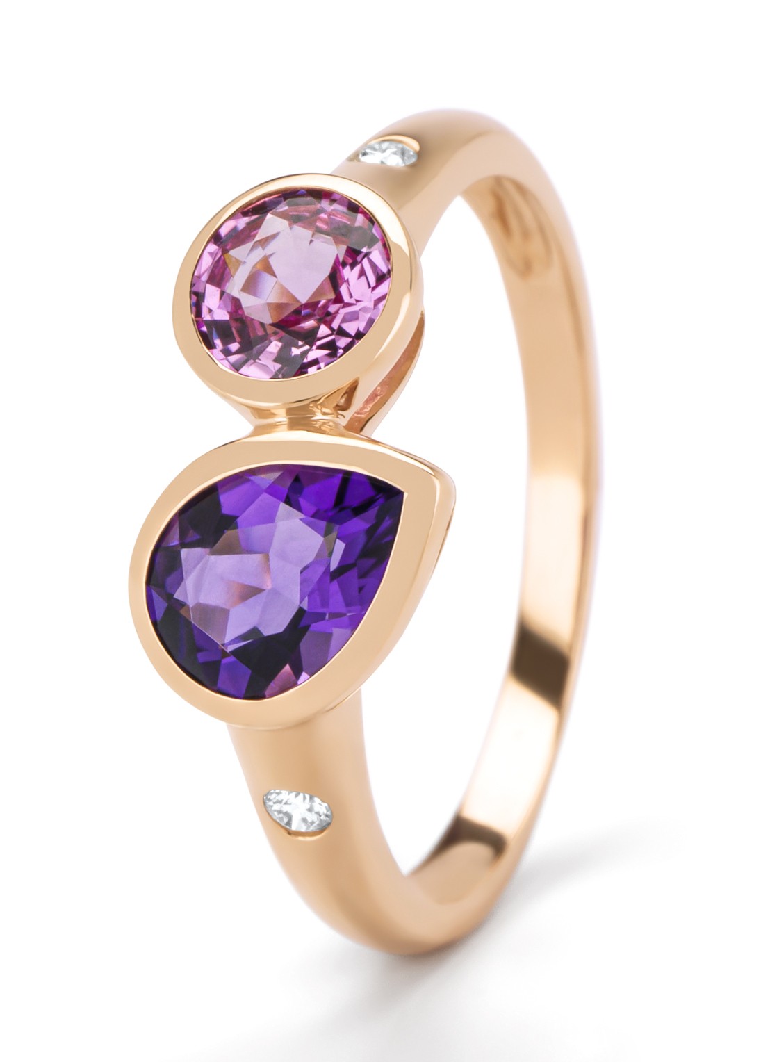 Diamond Point Roségouden ring, 0.70 ct paarse amethist, Little Drops - voorkant roségoud