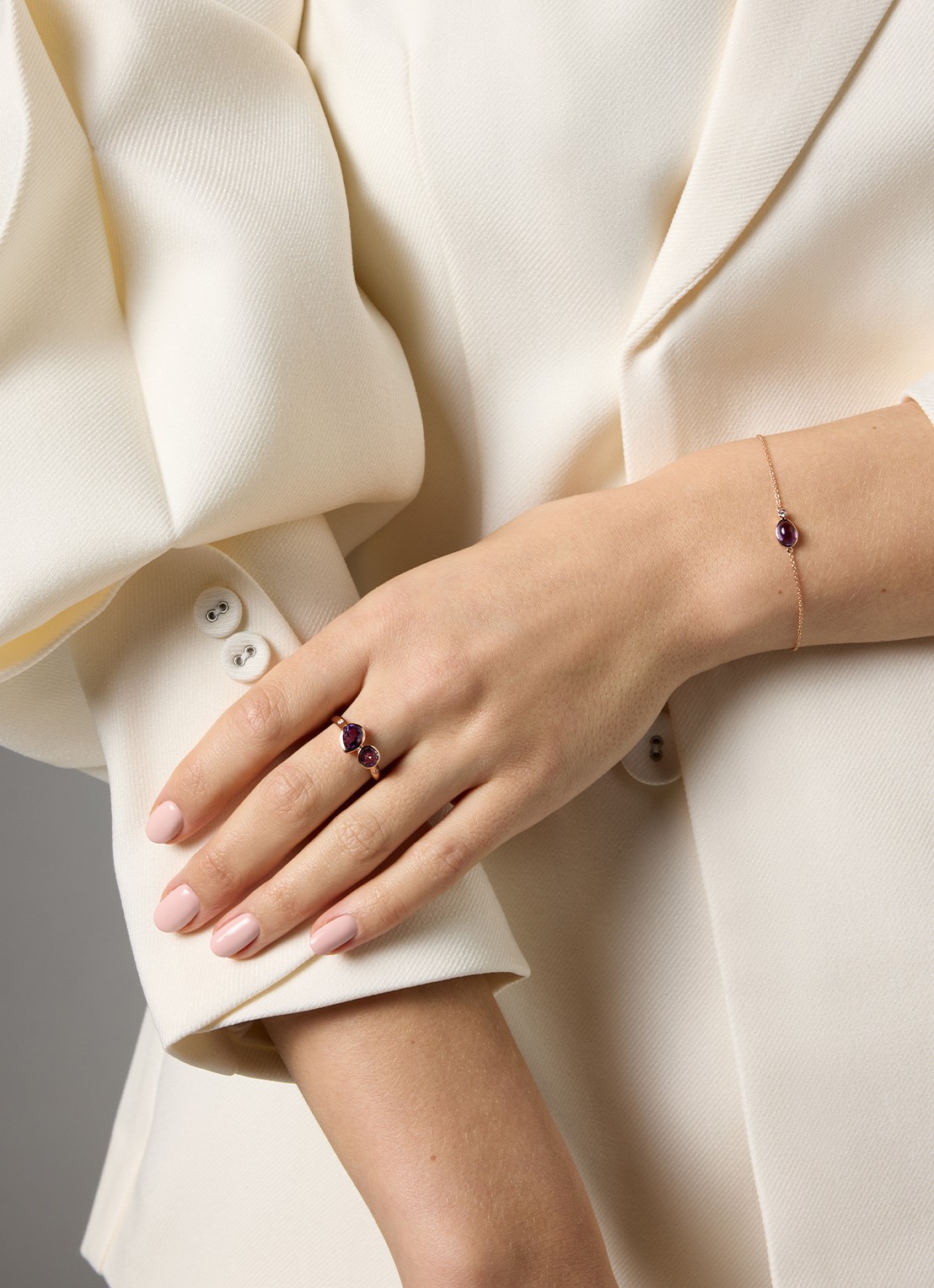 Diamond Point Roségouden ring, 0.70 ct paarse amethist, Little Drops - voorkant 2 roségoud