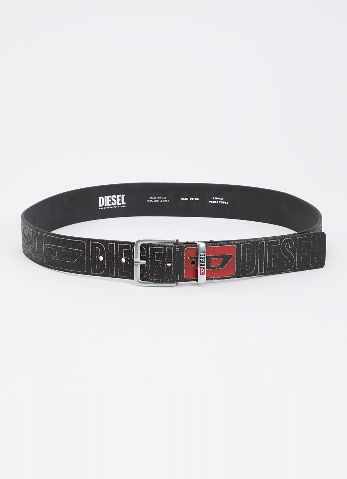 Diesel B-Biscotto riem van leer met logo - voorkant zwart