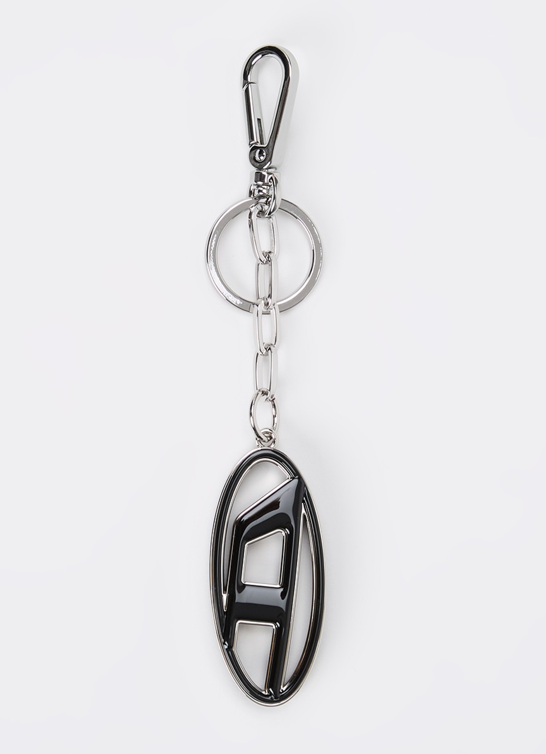 Diesel Charms Cage-D sleutelhanger met logo - voorkant zilver