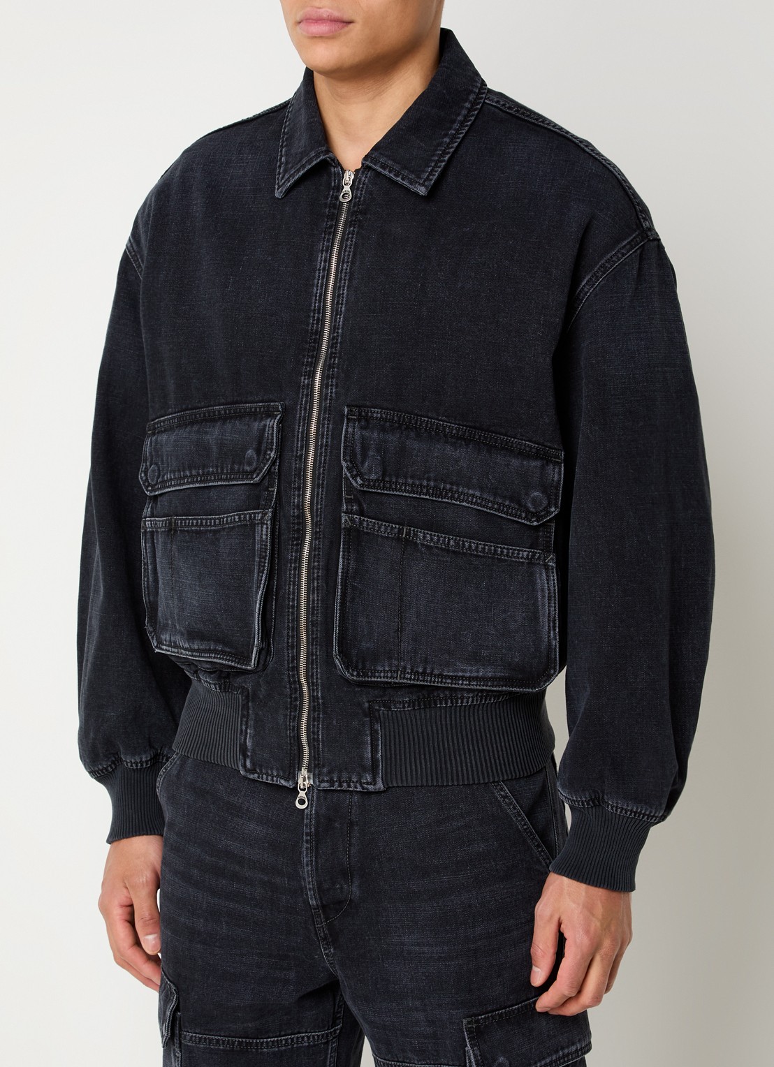 Diesel D-kurz bomberjack van denim met klepzakken - detail 4 donkergrijs