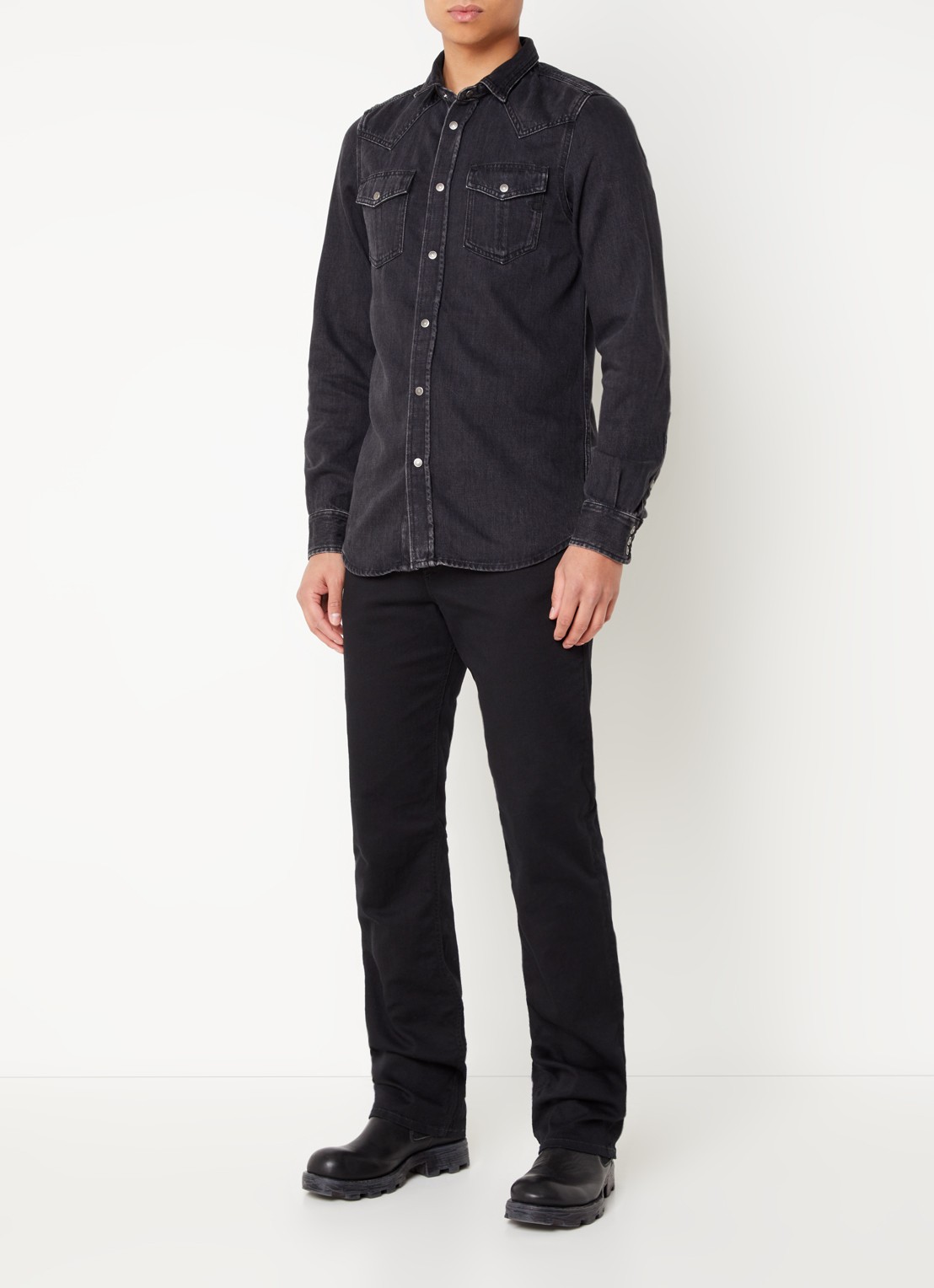 Diesel D-Vega regular fit overhemd van chambray met borstzakken - voorkant 4 zwart