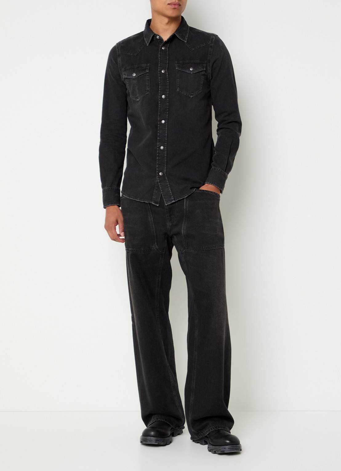 Diesel D-Vega regular fit overhemd van chambray - voorkant 2 antraciet