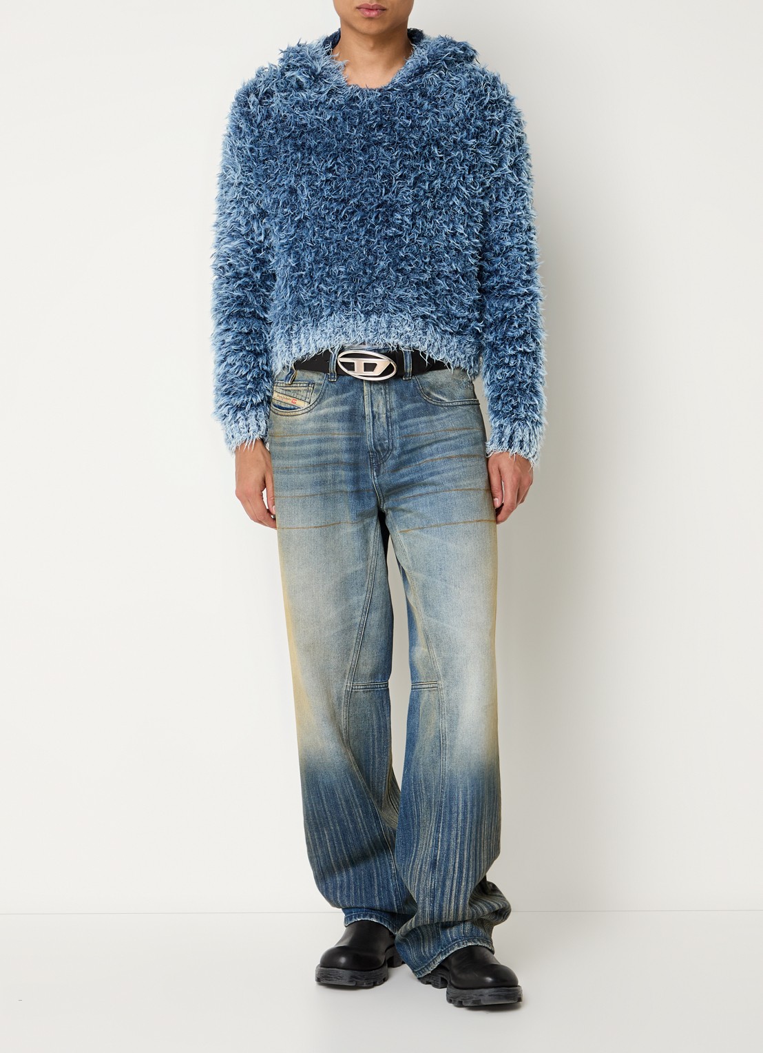 Diesel K-Dave grofgebreide hoodie met verwassen afwerking - voorkant 5 blauw
