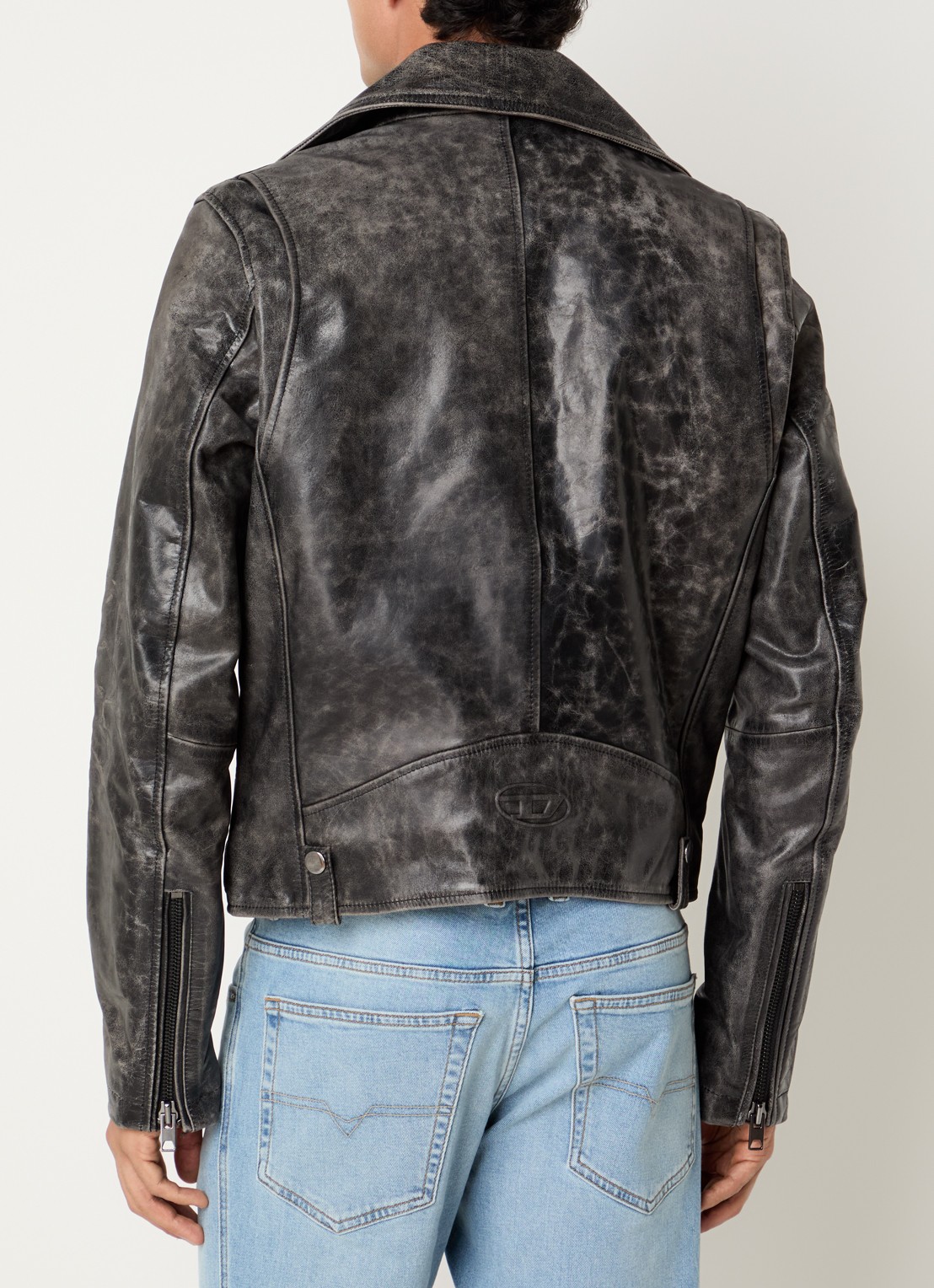 Diesel L-Eon bikerjack van leer met verwassen afwerking en ritszakken - achterkant donkergrijs