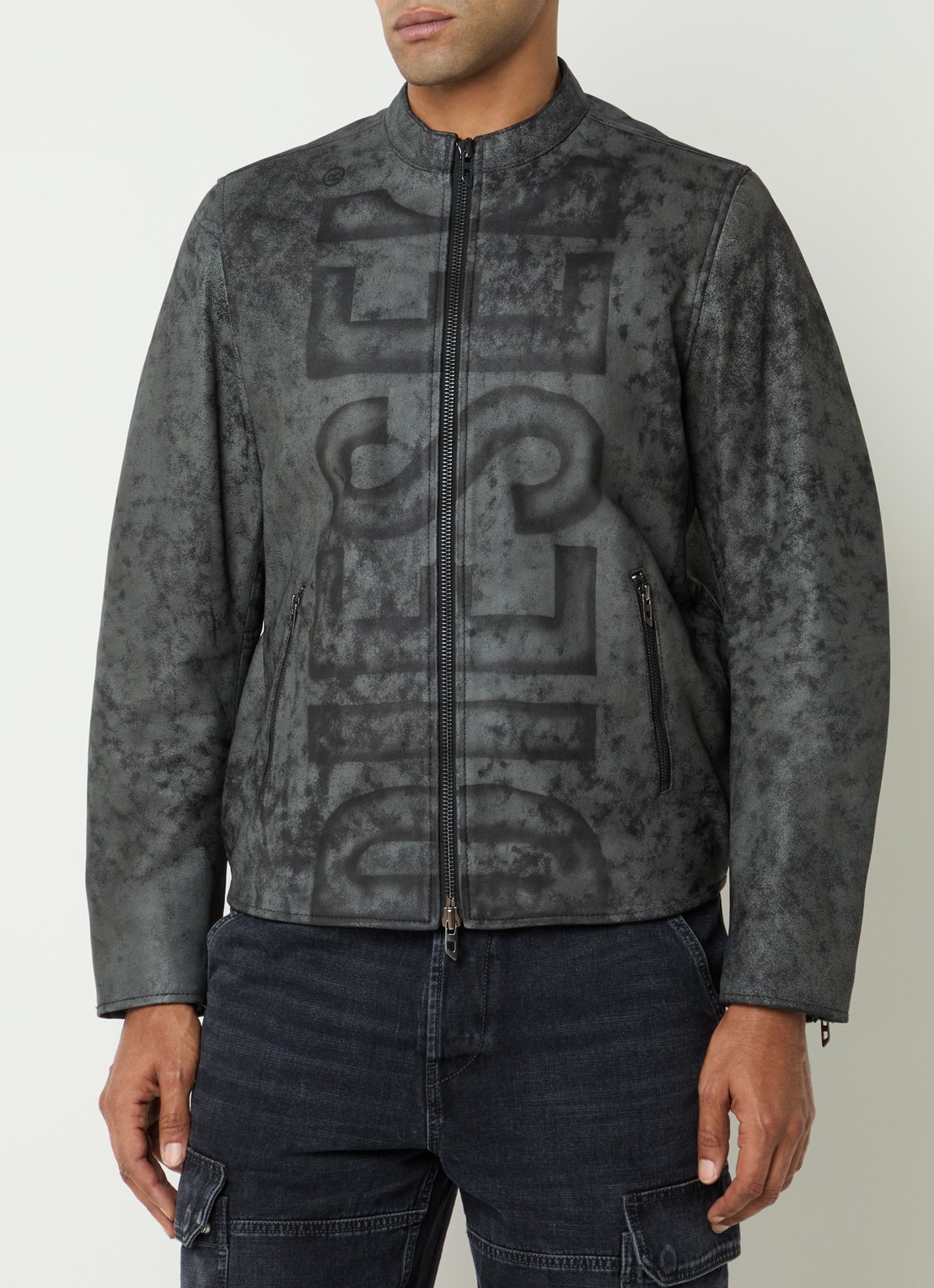 Diesel L-evert jack van lamsleer met logoprint - detail donkergrijs