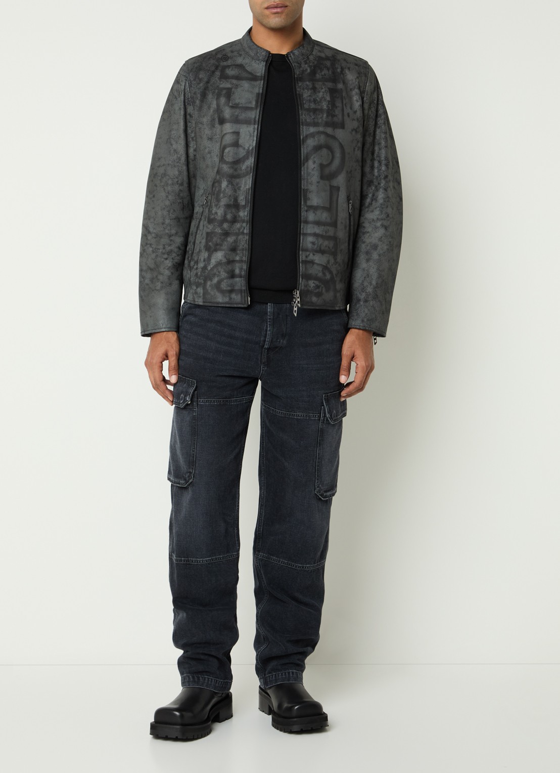 Diesel L-evert jack van lamsleer met logoprint - voorkant 4 donkergrijs