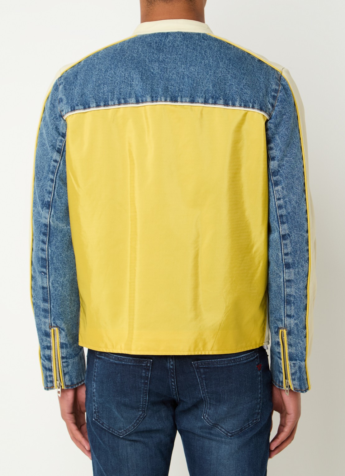 Diesel L-Leopol bikerjack van lamsleer met details van denim - achterkant 4 lichtgeel