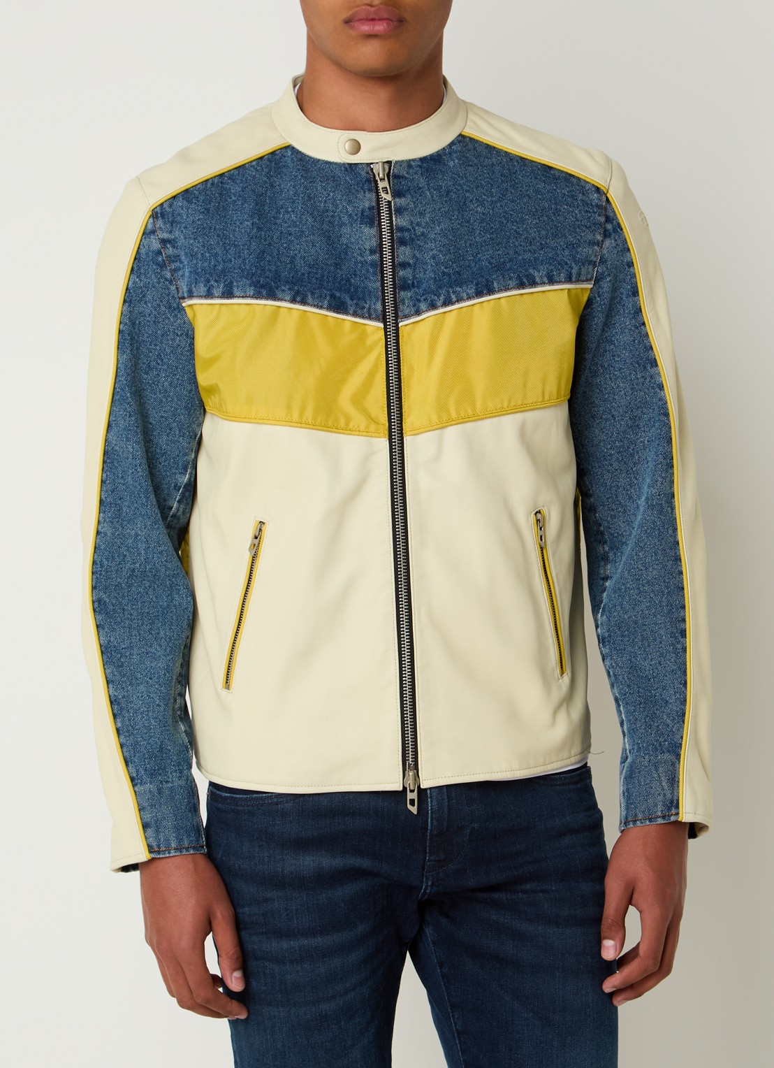 Diesel L-Leopol bikerjack van lamsleer met details van denim - detail lichtgeel