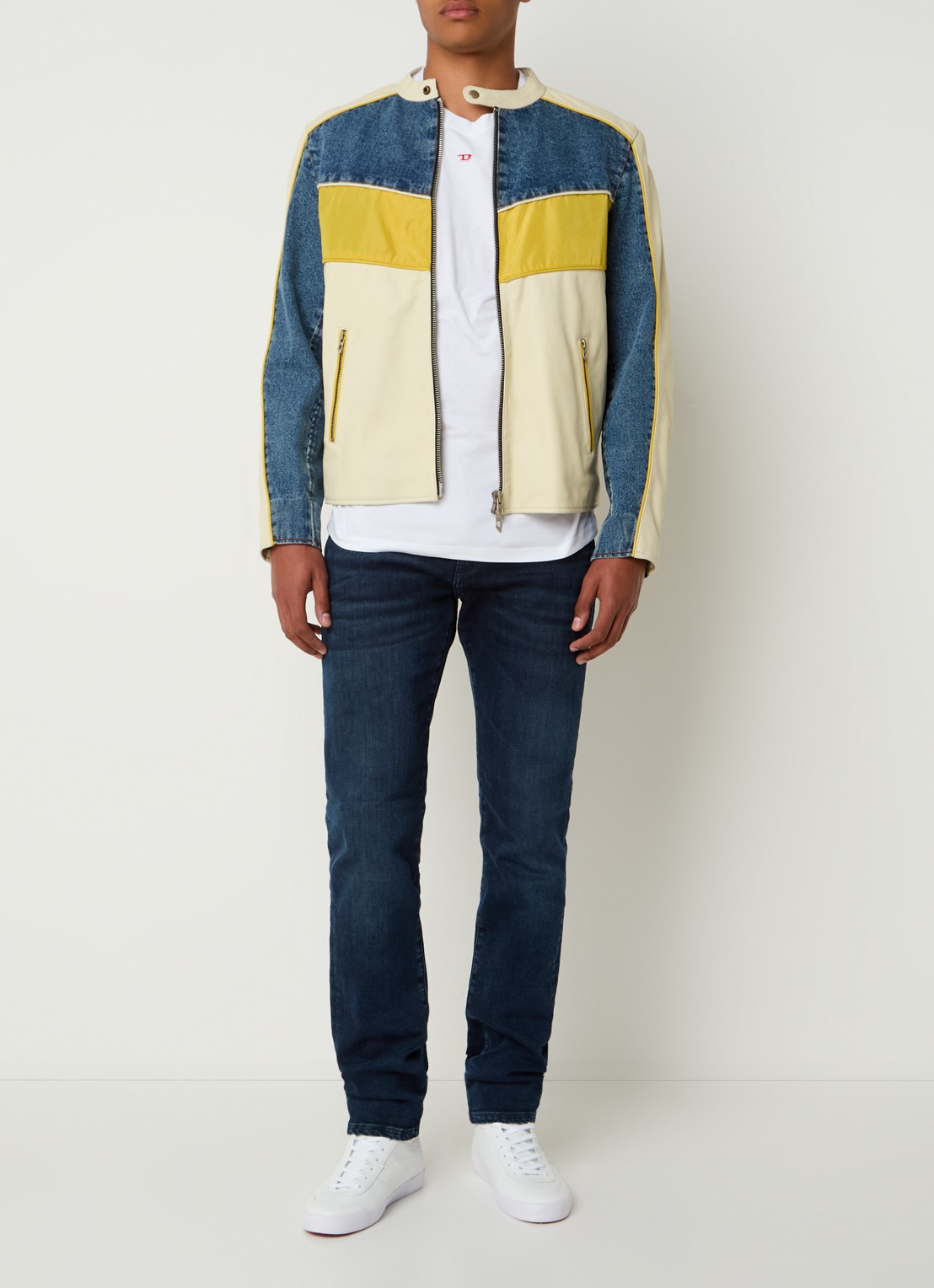 Diesel L-Leopol bikerjack van lamsleer met details van denim - voorkant 3 lichtgeel