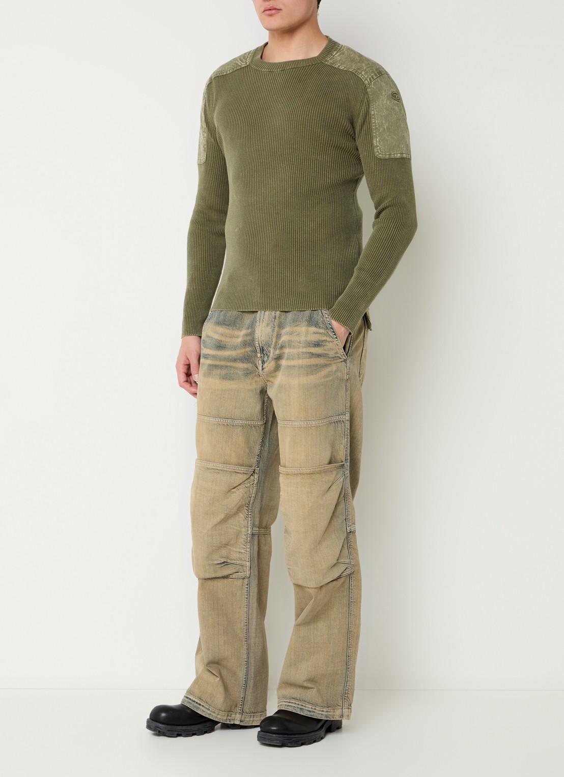Diesel Ribgebreide pullover met logo - voorkant 3 mosgroen