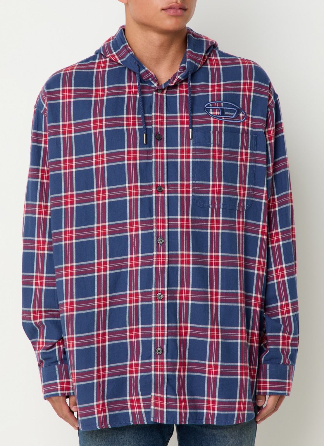 Diesel S-Dewny overhemd met capuchon en ruitdessin  - detail donkerblauw