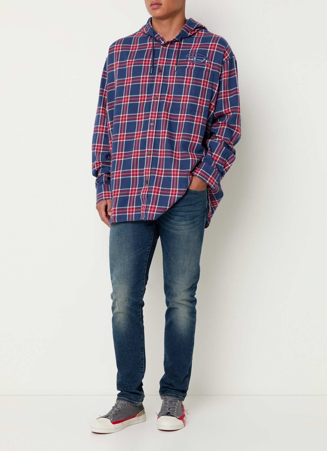 Diesel S-Dewny overhemd met capuchon en ruitdessin  - voorkant 3 donkerblauw