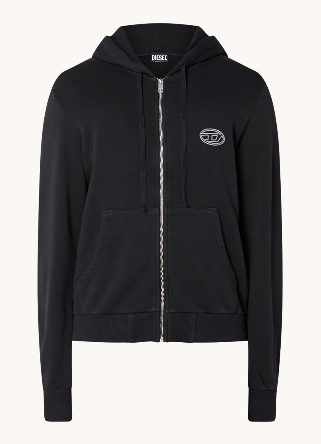 Diesel S-GINN-HOOD-ZIP-E1 sweatvest met logo- en backprint - voorkant zwart