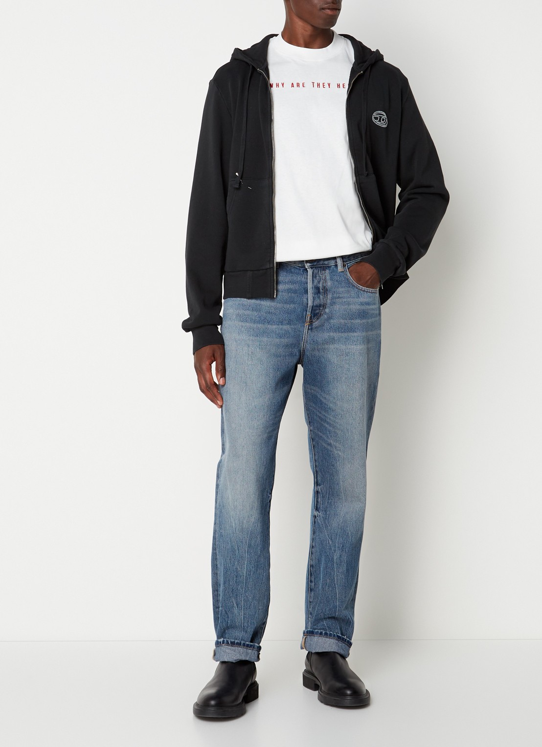 Diesel S-GINN-HOOD-ZIP-E1 sweatvest met logo- en backprint - voorkant 2 zwart