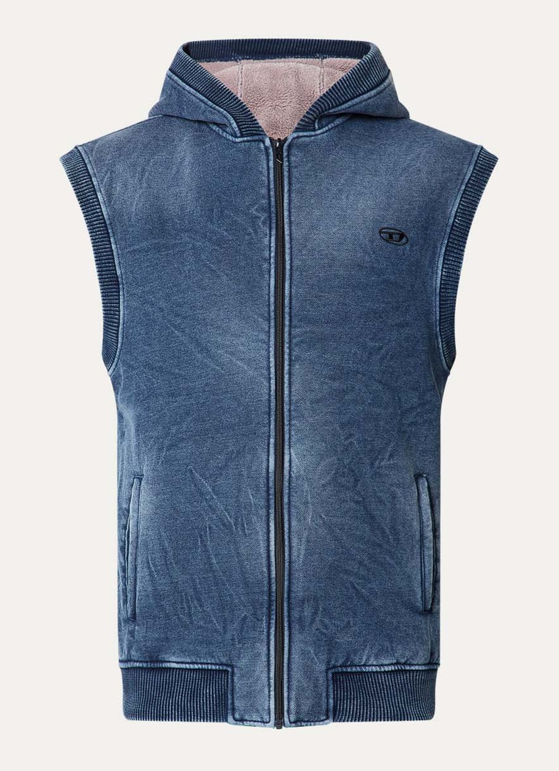 Diesel S-Hakel bodywarmer met capuchon en logo - voorkant 3 indigo