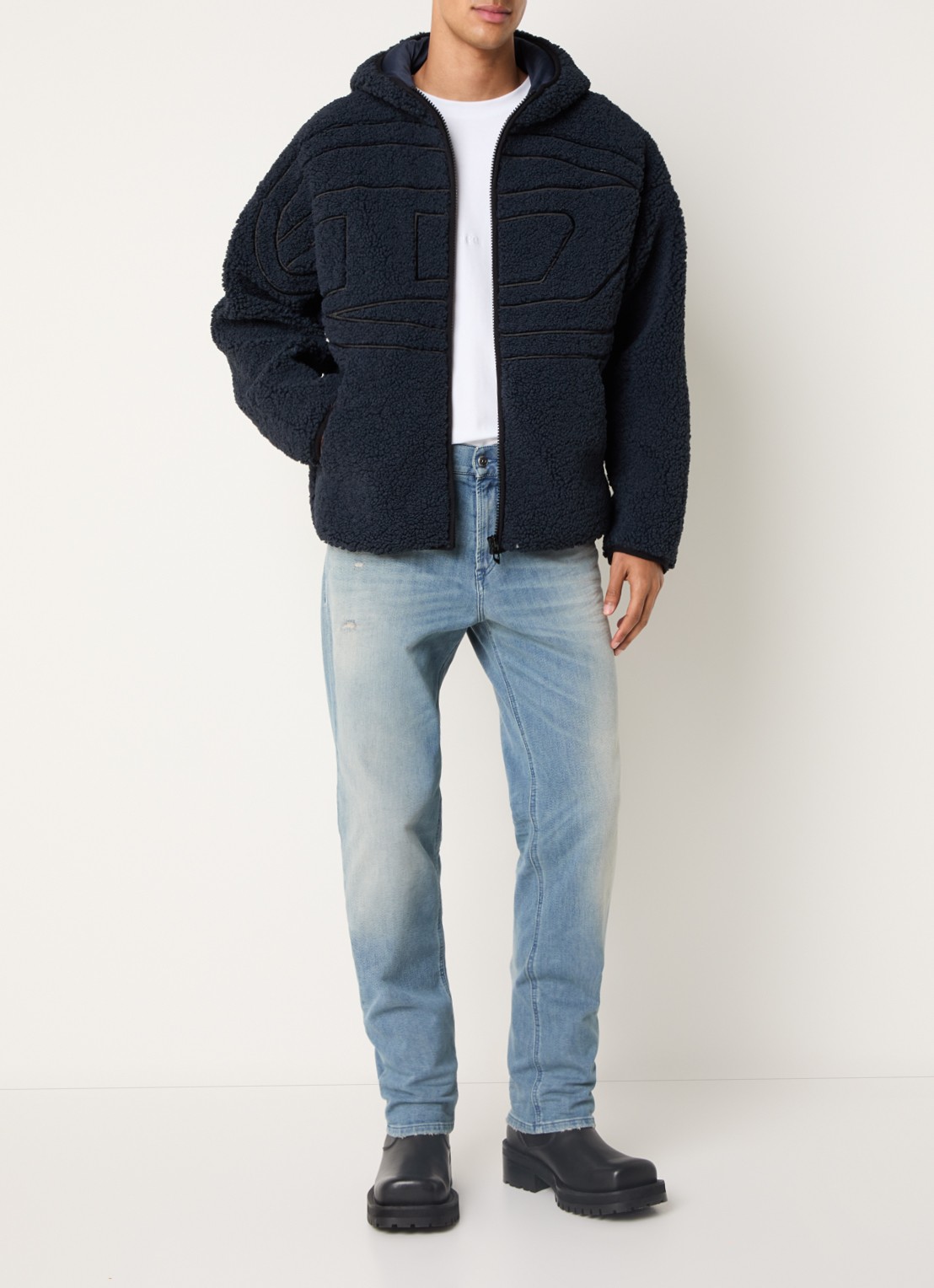Diesel S-Zat teddy jack met logo en steekzakken - voorkant 2 donkerblauw
