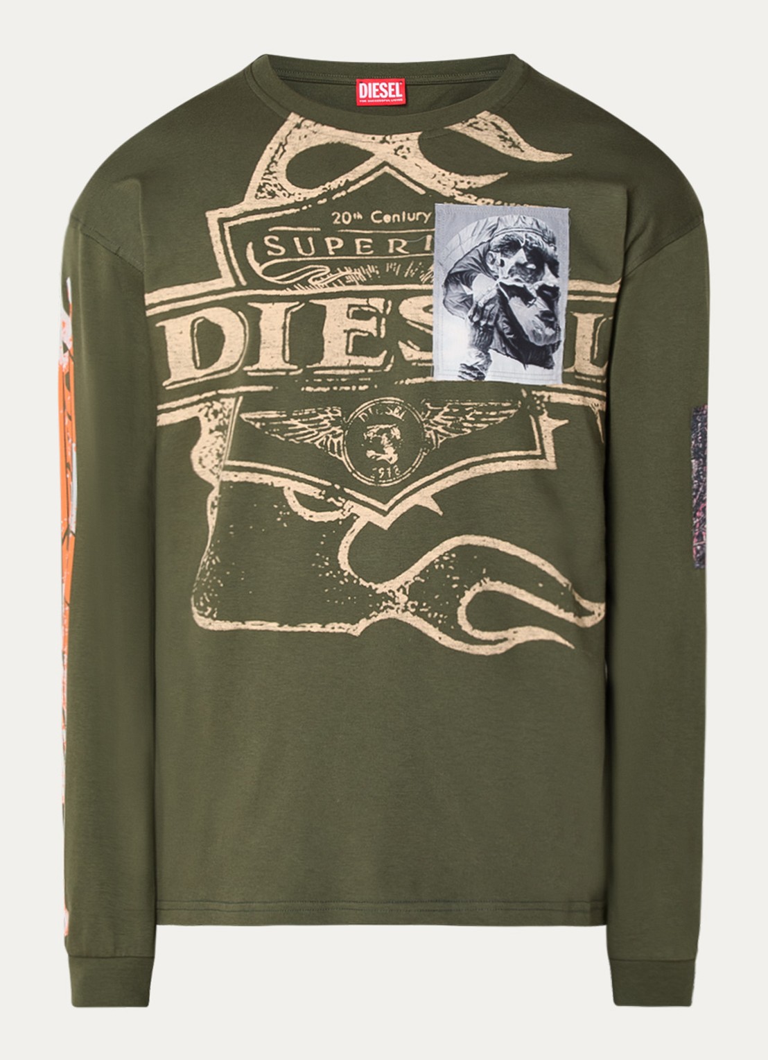 Diesel T-boxt longsleeve met logo- en backprint - voorkant 2 bronsgroen