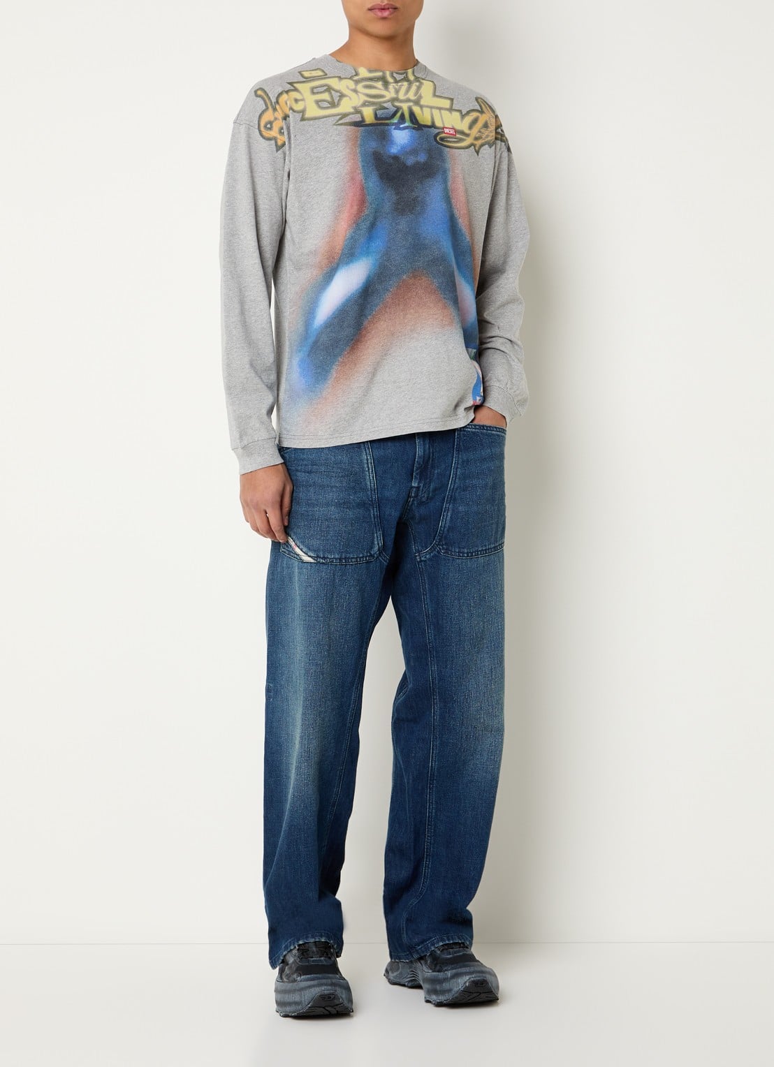 Diesel T-Boxt-Ls-V1 longsleeve met print en gemêleerd dessin - voorkant 2 grijsmele
