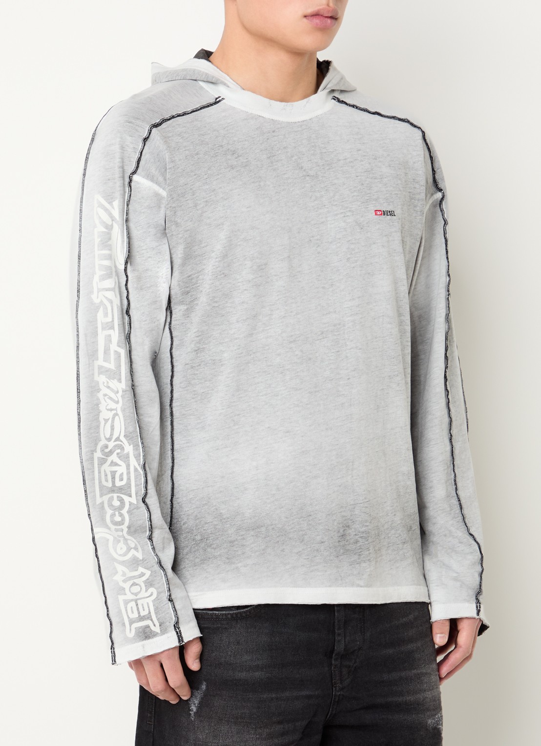 Diesel T-riven longsleeve T-shirt met capuchon - detail 2 grijsmele