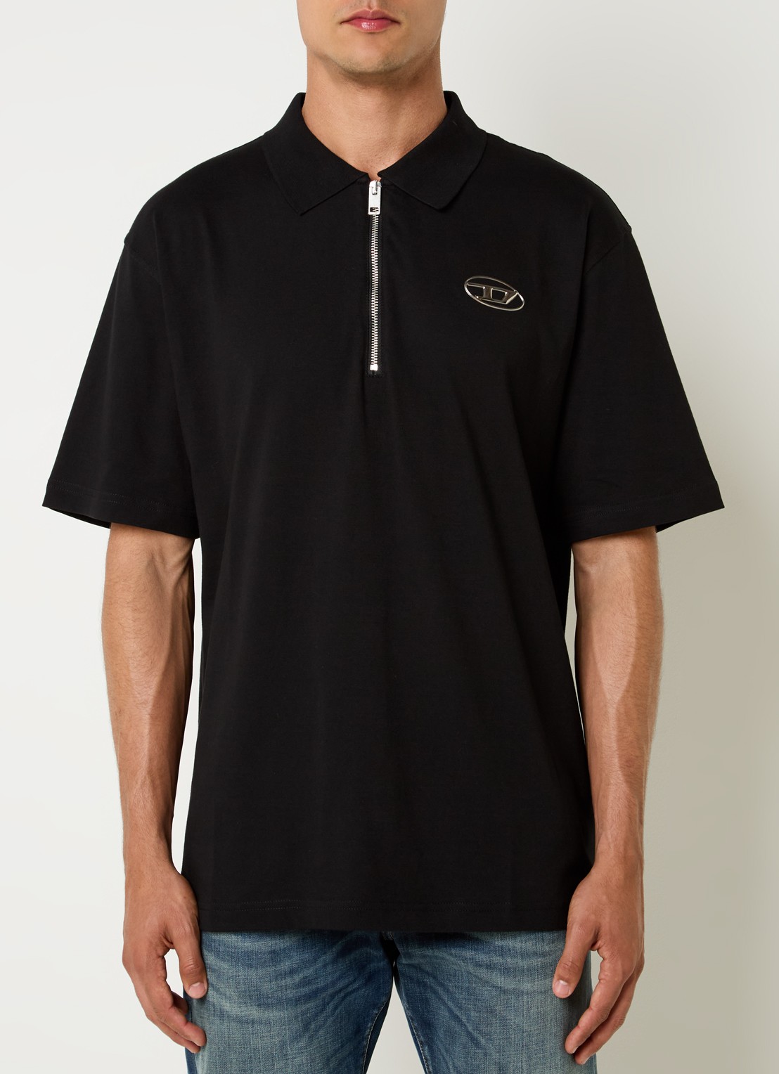 Diesel T-Vor-Od regular fit polo met halve rits en logo - detail zwart