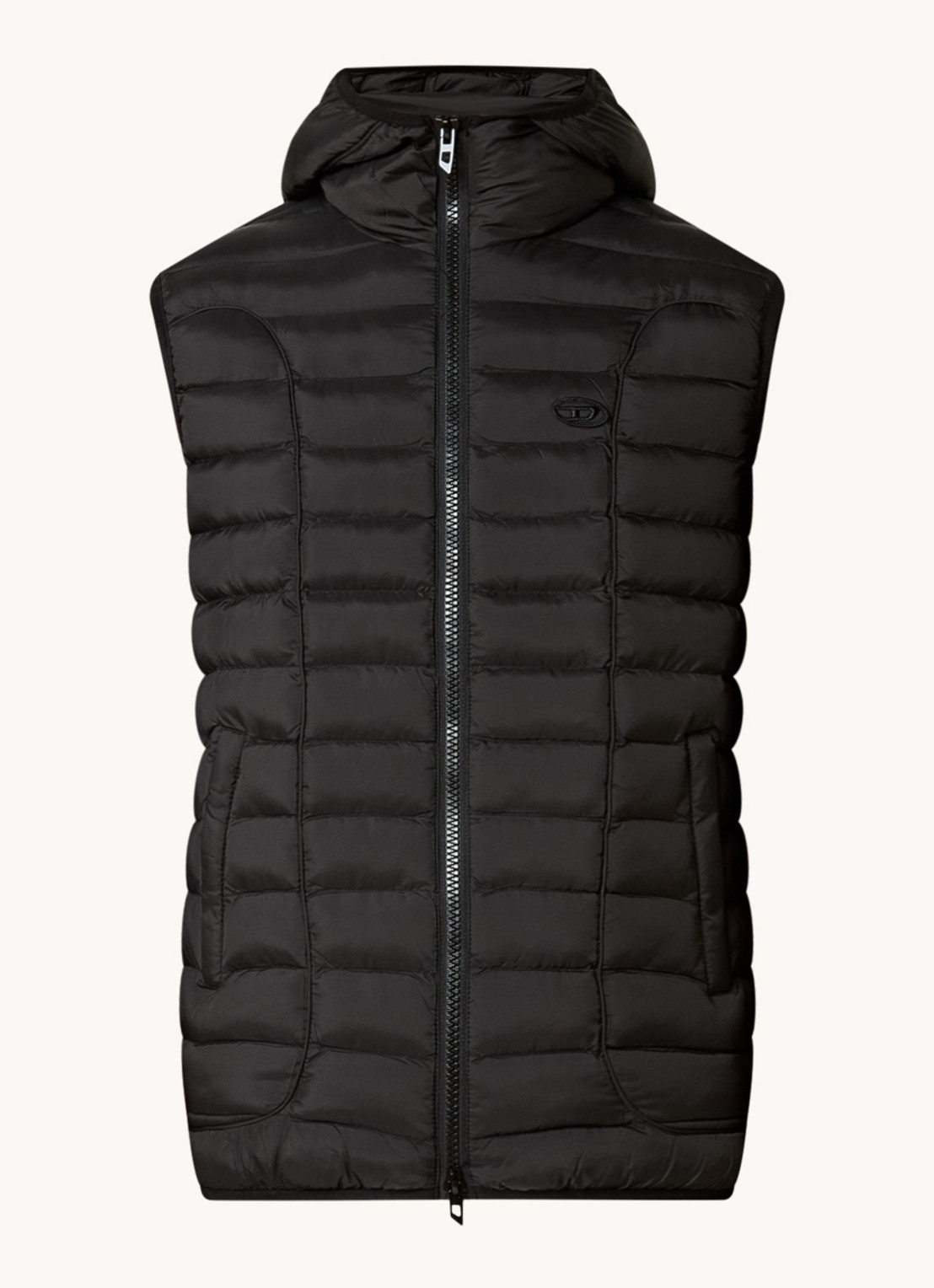 Diesel W-Temple gewatteerde bodywarmer met capuchon en logo - voorkant zwart