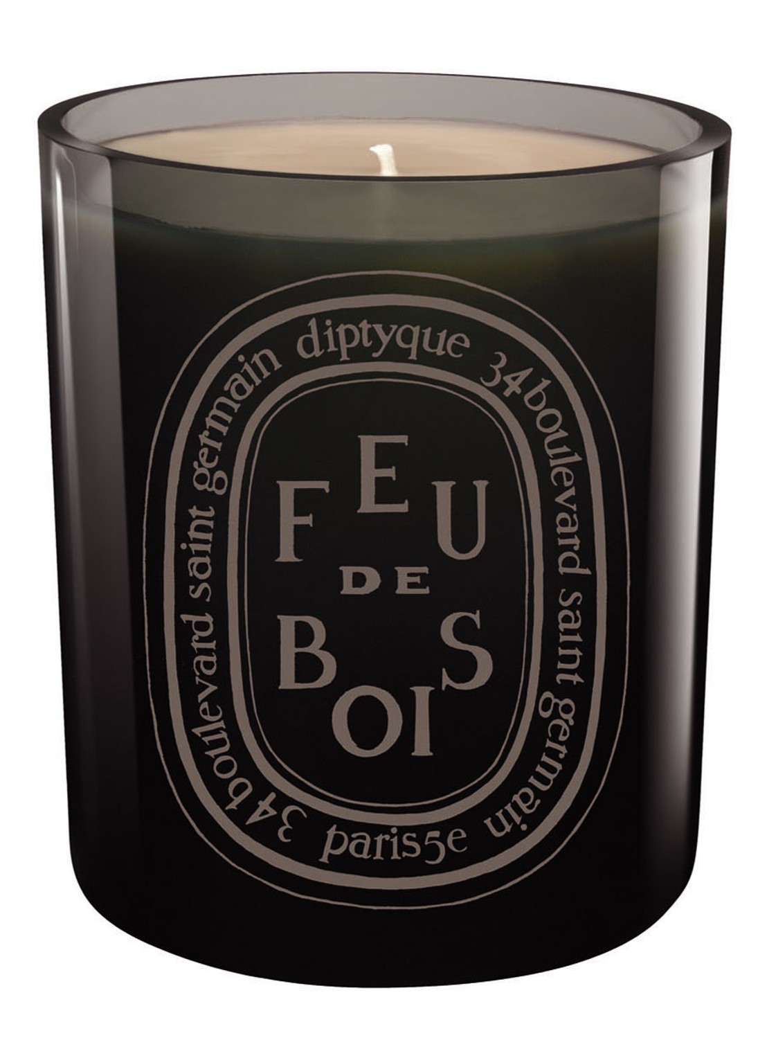 DIPTYQUE Feu de Bois Scented Candle - geurkaars 300 gram - voorkant donkergrijs