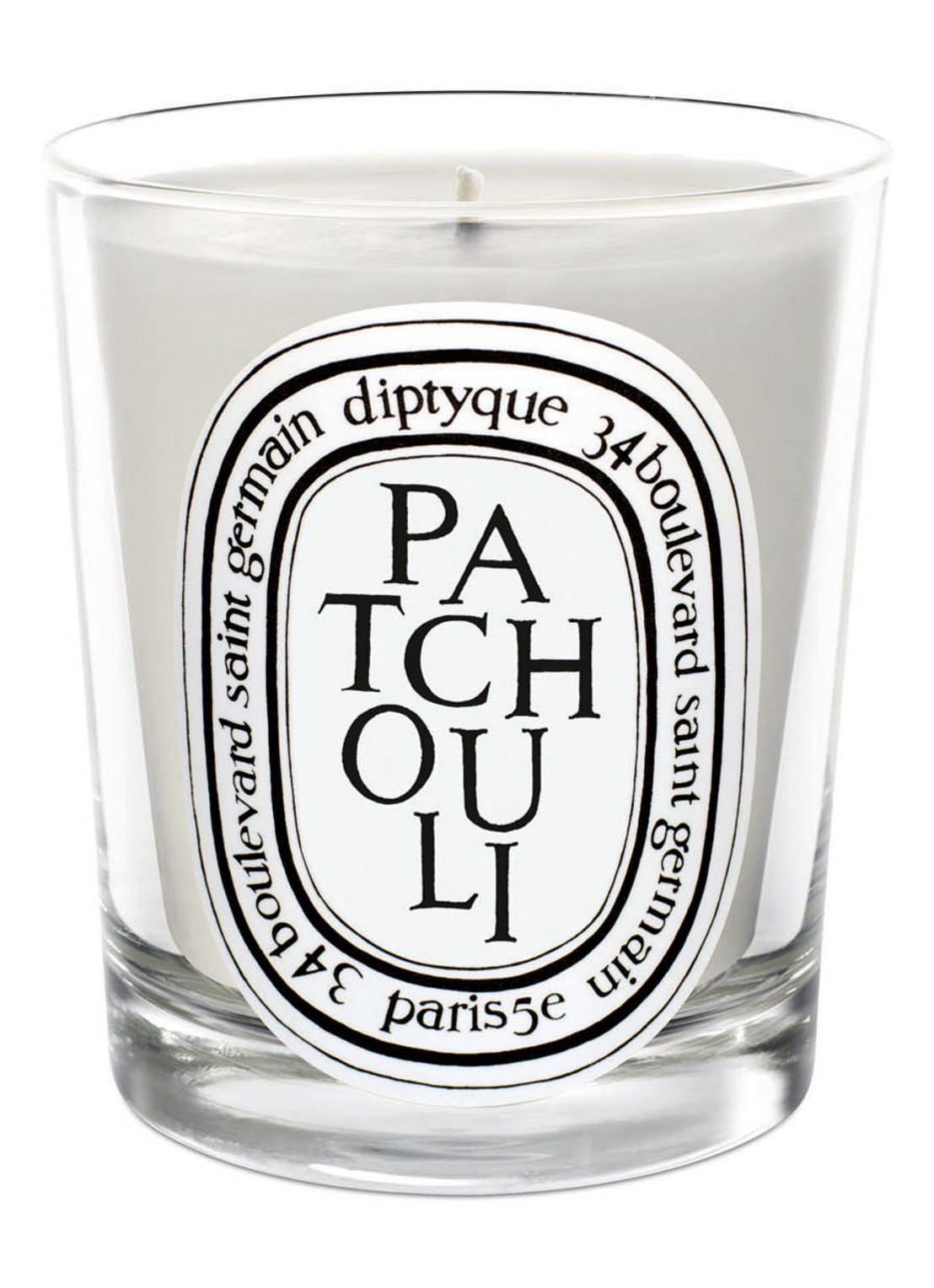 DIPTYQUE Patchouli Scented Candle - geurkaars 190 gram - voorkant lichtgrijs