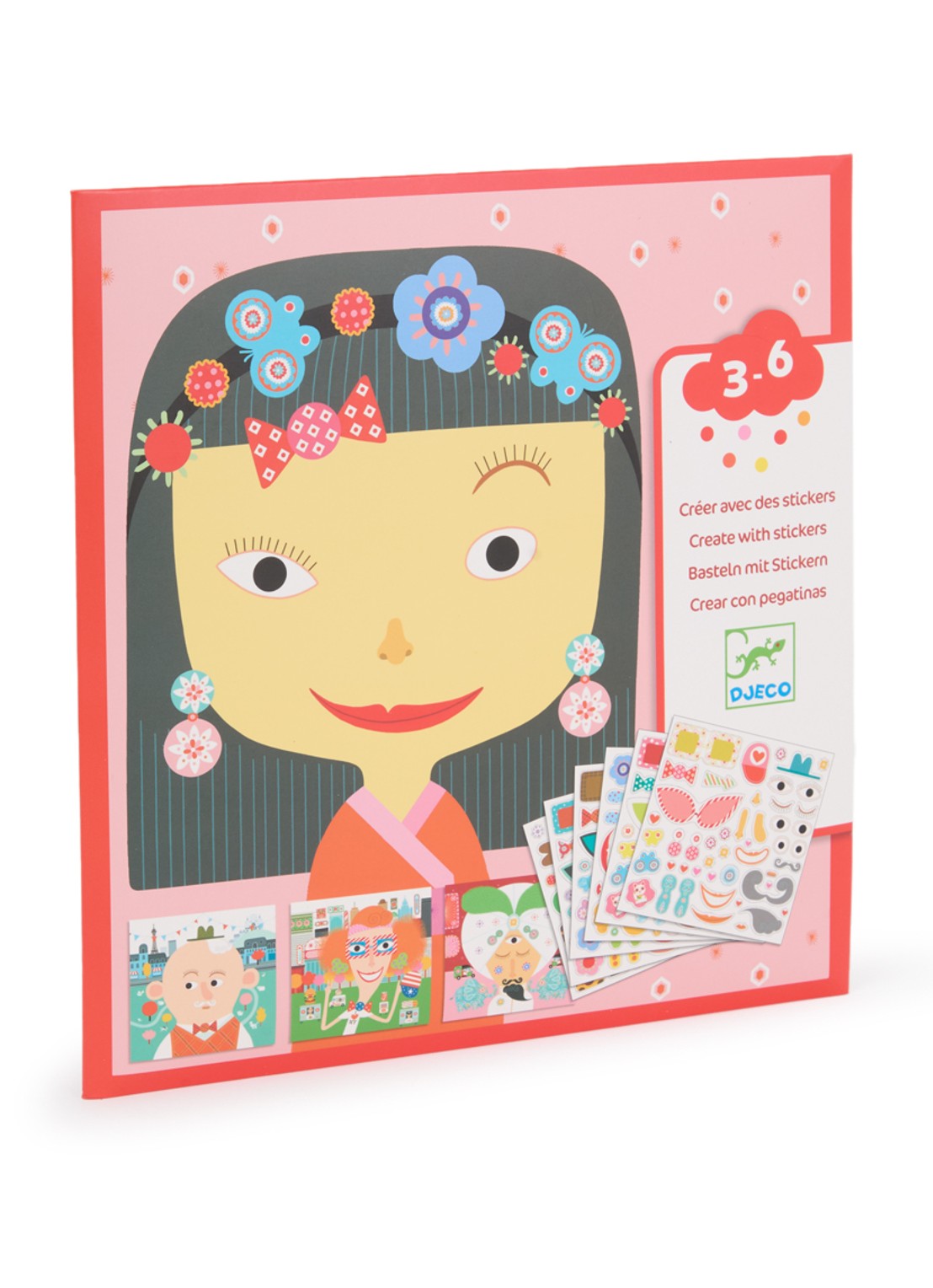 Djeco Creëer met stickers personenthema - voorkant rood