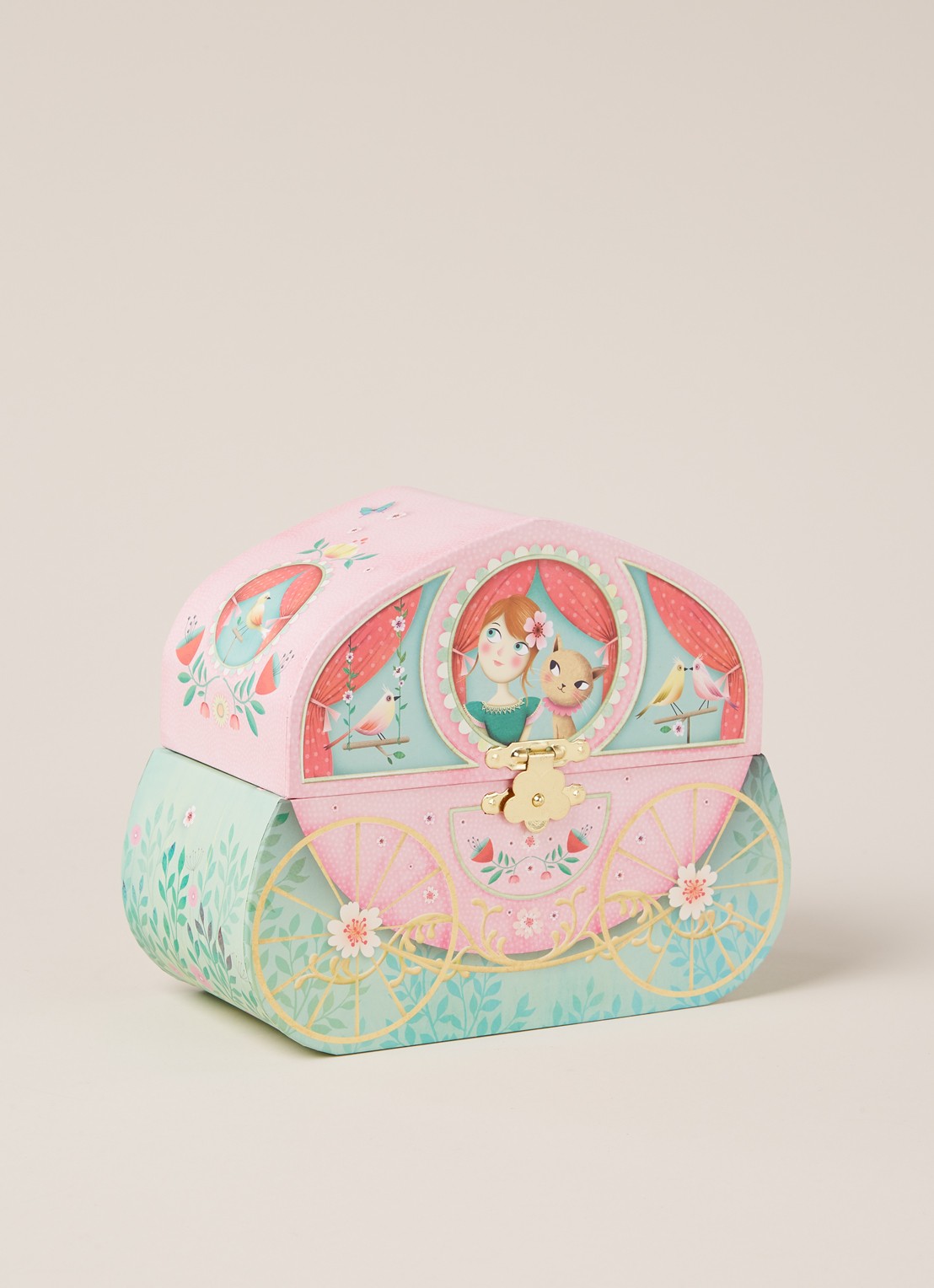 Djeco Koets sieraden muziekdoosje  - voorkant 3 roze