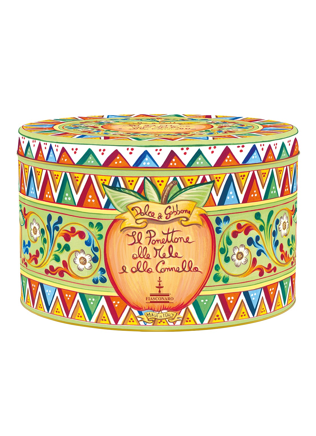 Dolce & Gabbana Fiasconaro panettone met gekonfijte appel en kaneel in bewaarblik 500 gram - voorkant 2 lindegroen