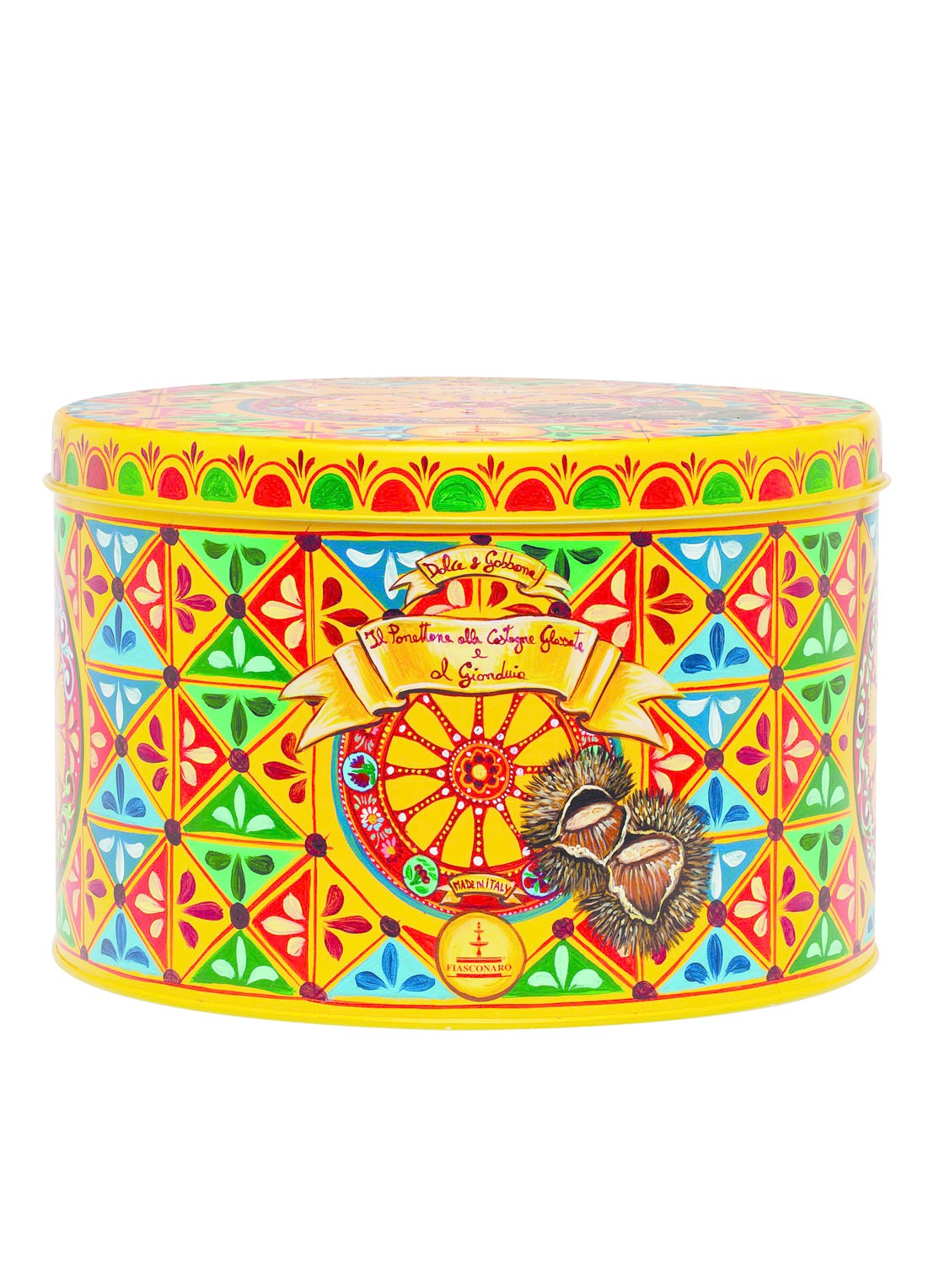 Dolce & Gabbana Fiasconaro panettone met gekonfijte kastanjes en gianduja-chocolade, bedekt met kastanjepuree en pure chocolade in bewaarblik 1 kg - voorkant undefined