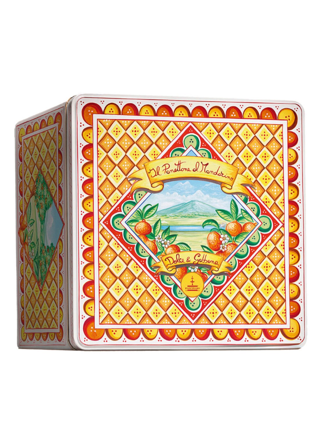 Dolce & Gabbana Fiasconaro panettone met gekonfijte mandarijn in bewaarblik 1 kg - voorkant oranje