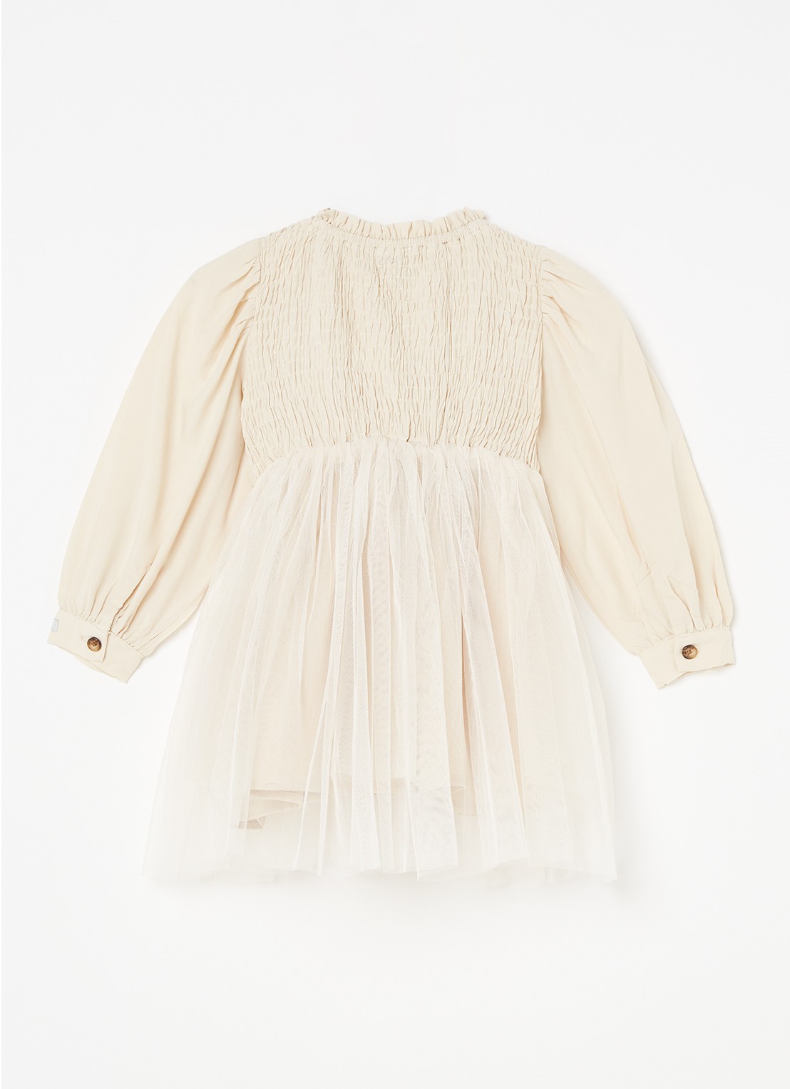 Donsje Amsterdam Janice A-lijn jurk in linnenblend met tule - achterkant 3 beige