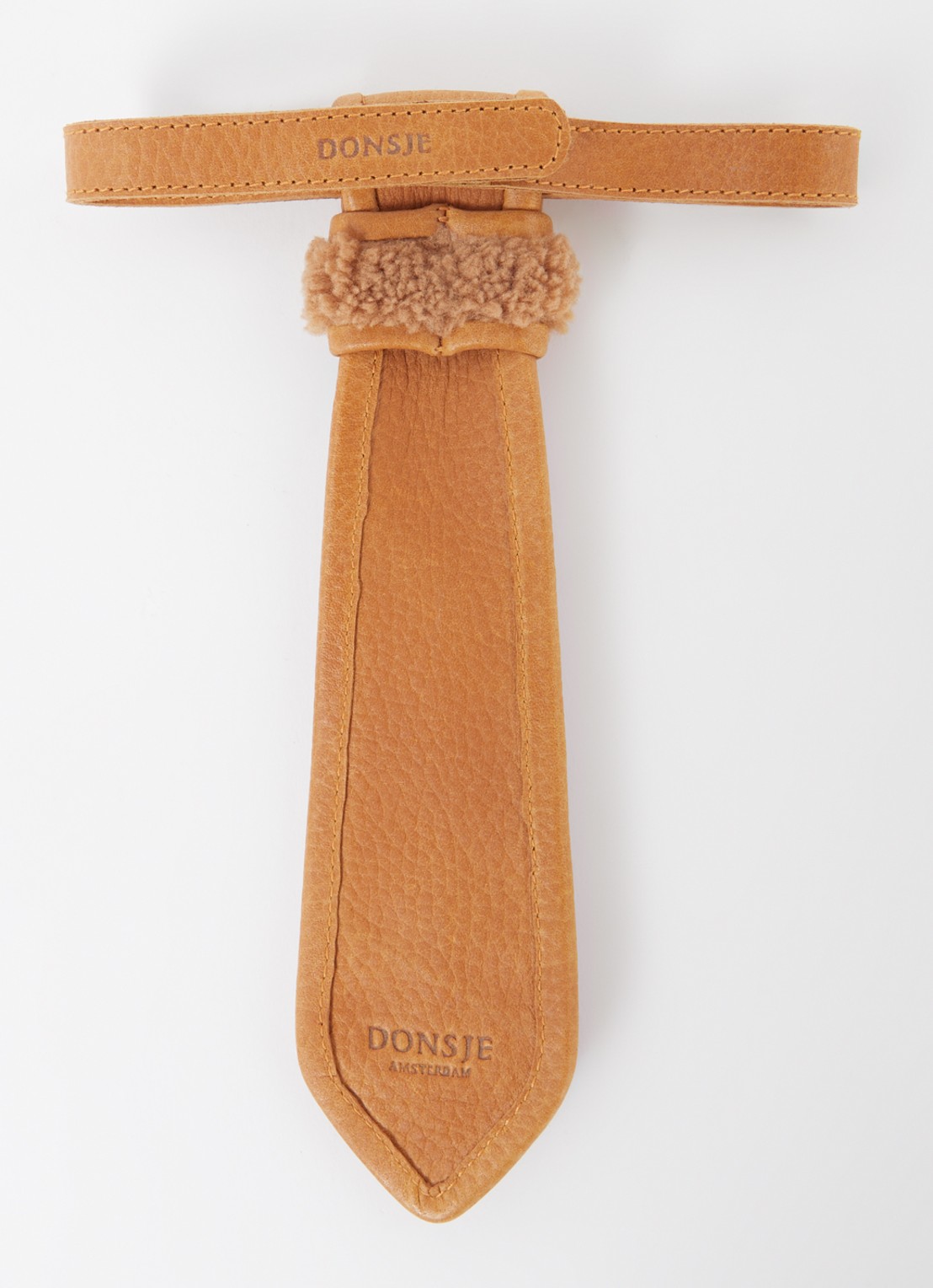 Donsje Amsterdam Nata Gingerbread stropdas van leer met teddy details - detail 2 roestbruin