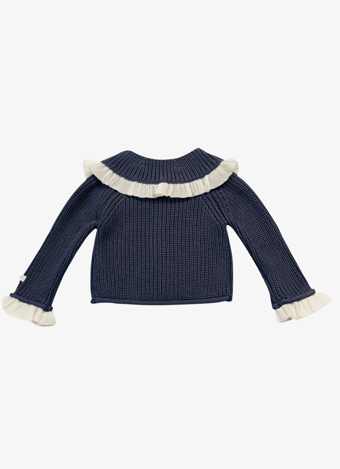 Donsje Amsterdam Zoila grofgebreid vest met ruches - achterkant donkerblauw