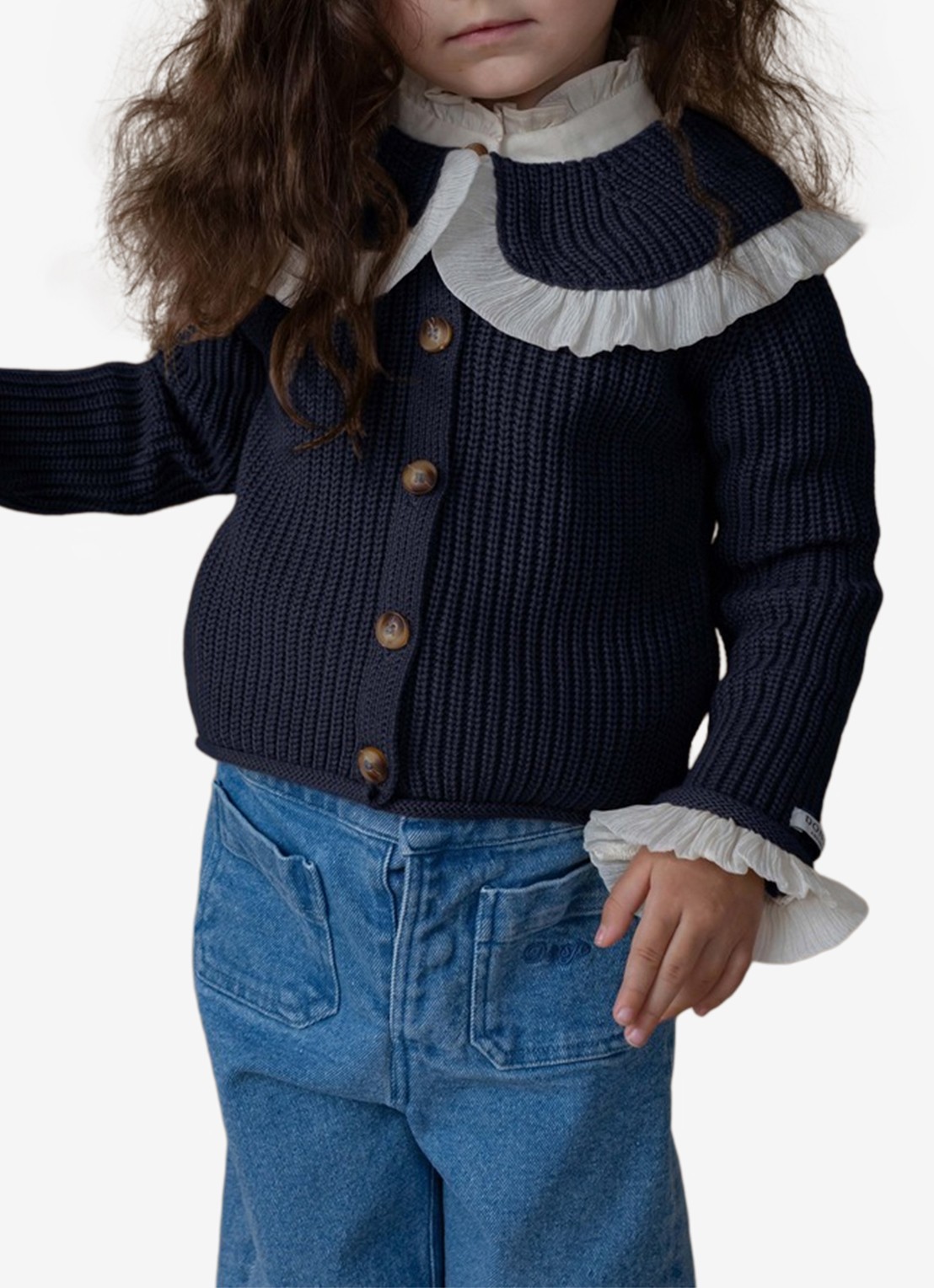 Donsje Amsterdam Zoila grofgebreid vest met ruches - voorkant 3 donkerblauw