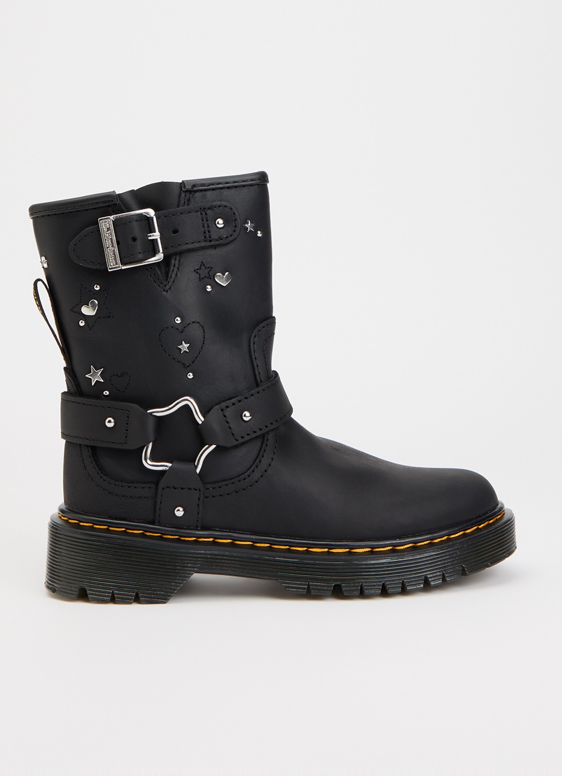 Dr. Martens Ganaya biker boot van leer met studs en doorgestikte details - voorkant 3 zwart