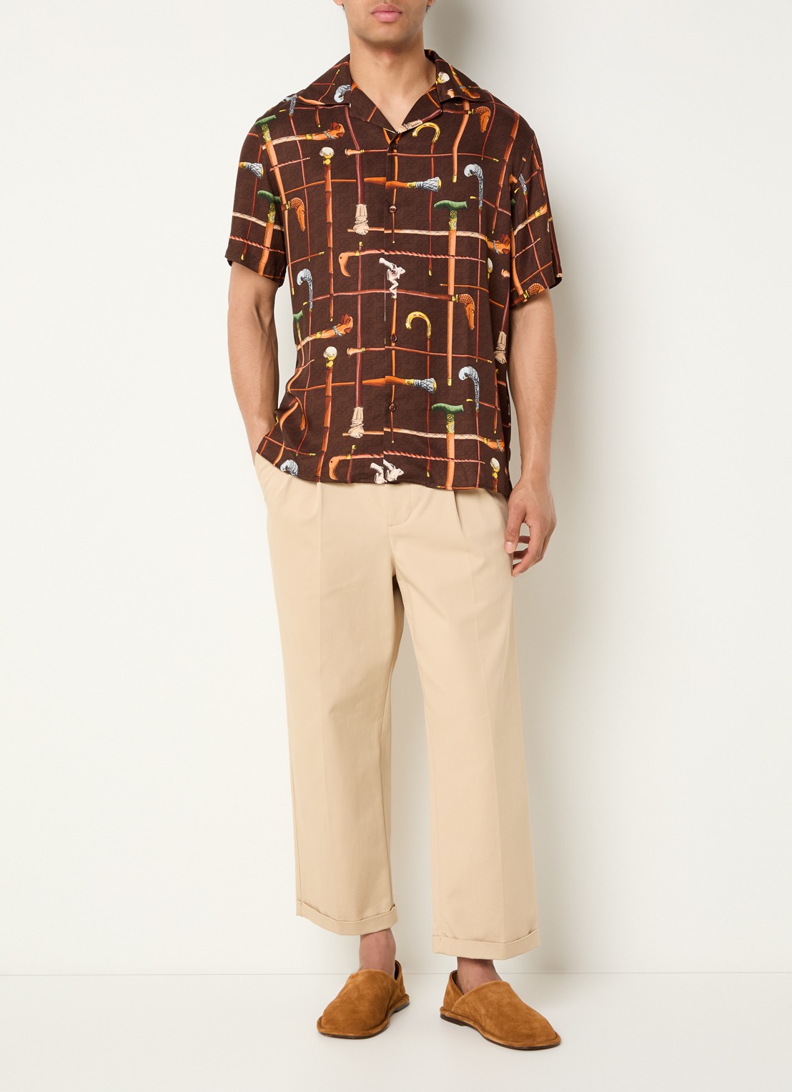 Drôle de Monsieur Cannes regular fit overhemd van satijn met print - voorkant 2 bruin